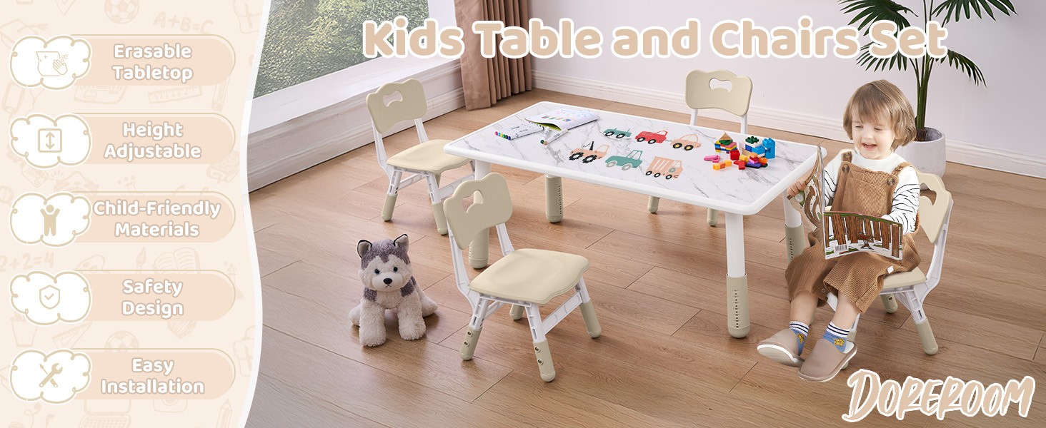 Toddler Table and 4 Chairs Set, Height Adjustable Kids Table and Chairs,