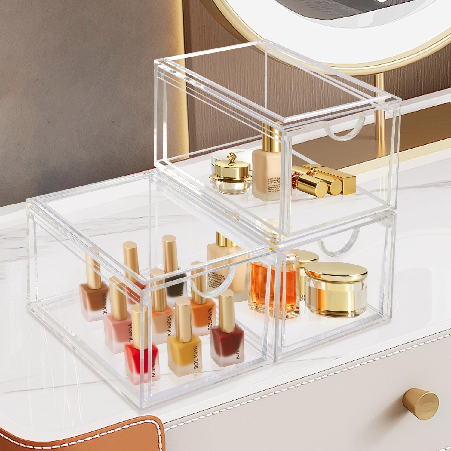 AMEITECH 2 Pack Clear Stackable Storage Drawer, Bathroom Makeup