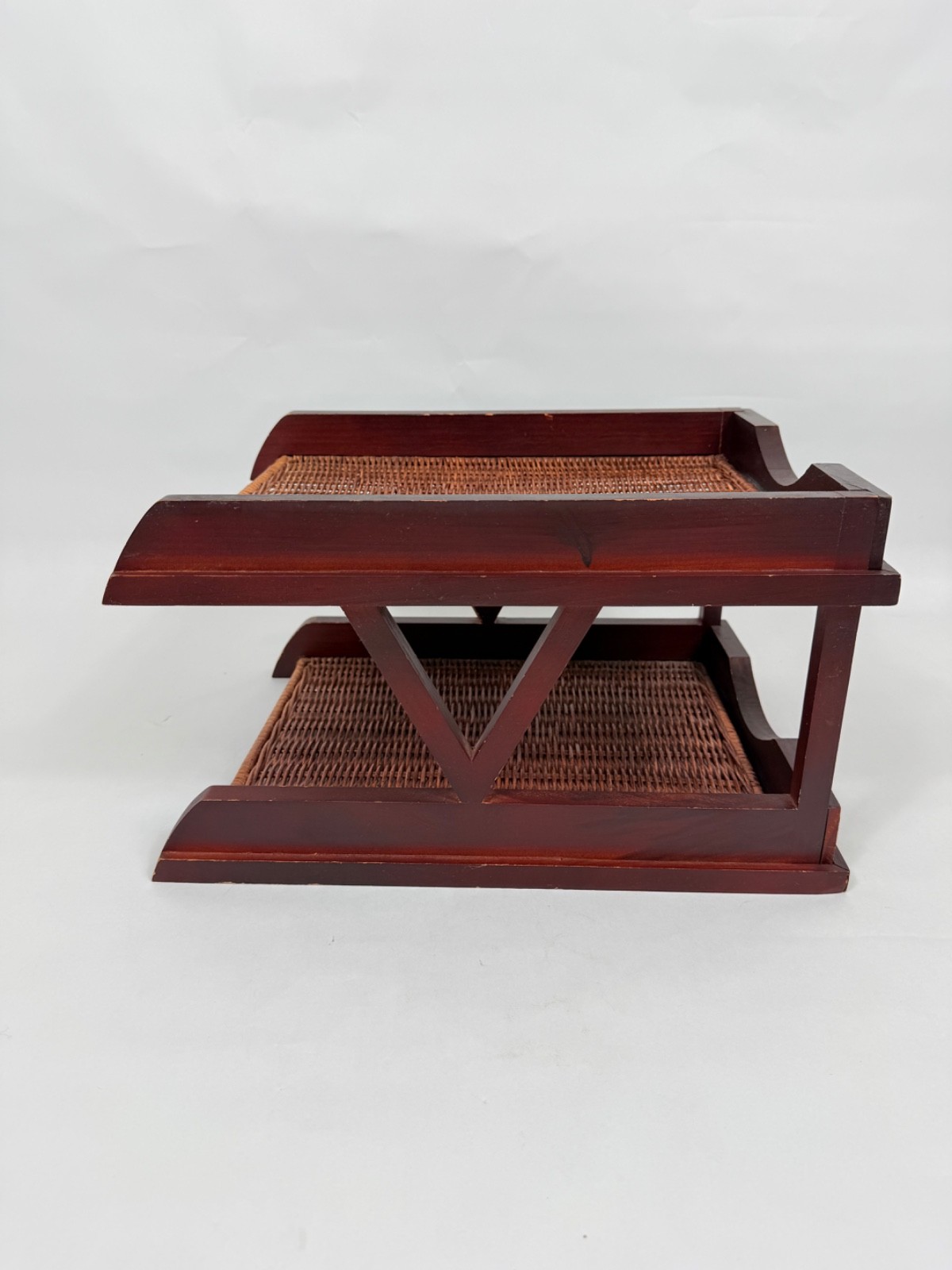 VTG Two Tier Woven Rattan Desk Letter Tray Dark Wood Desk File Organizer READ