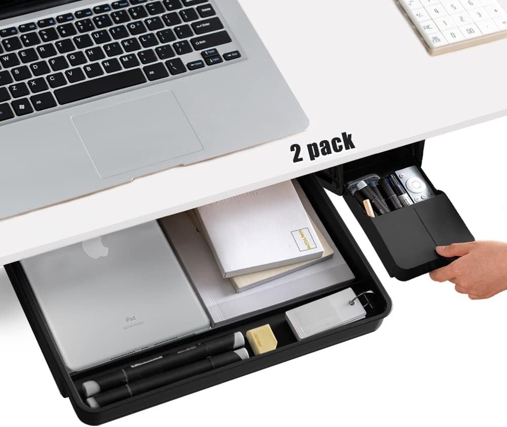Black Under Desk Organizer – Large & Small Drawers, Adhesive/Screw Installation