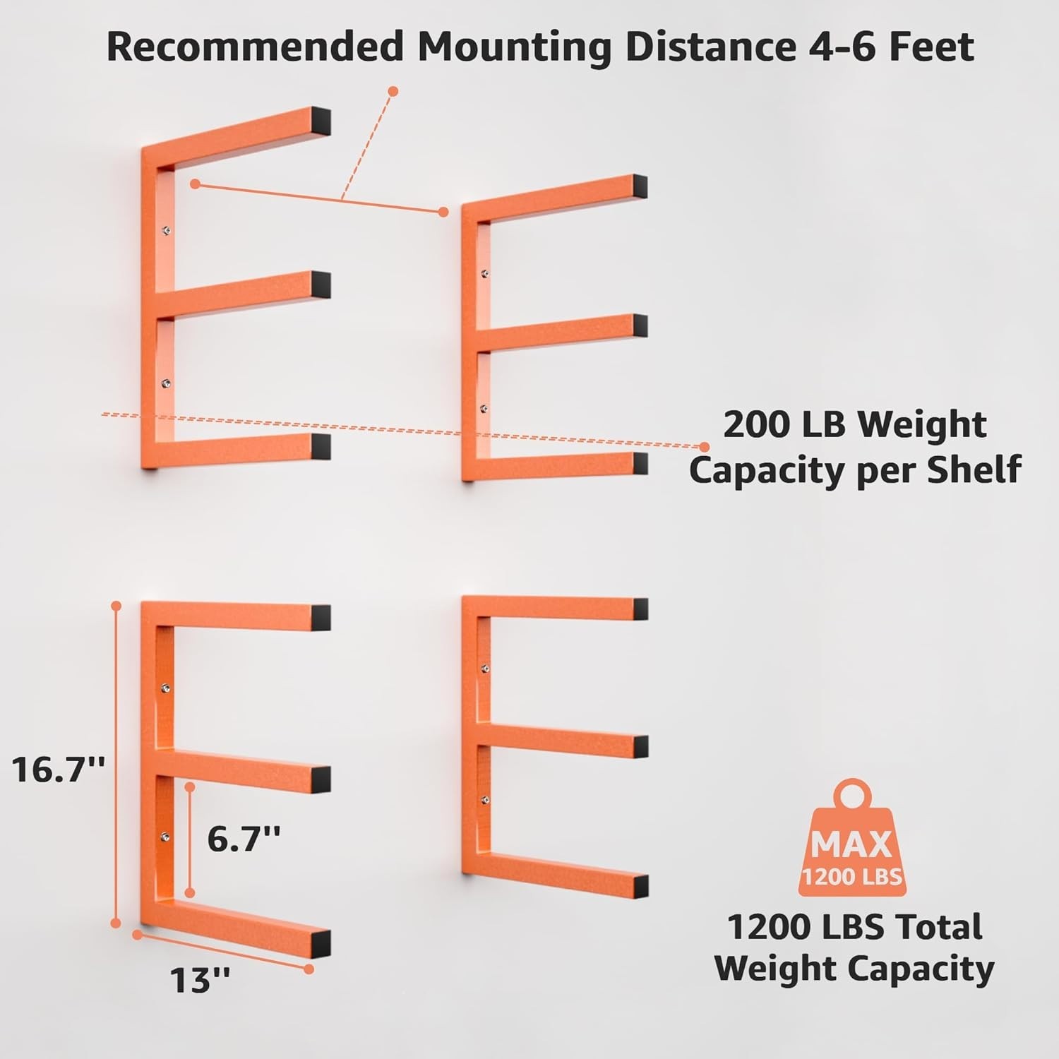 Scratch Resistant Wall Mount Lumber Storage Rack Heavy Duty 1200 LBS Orange
