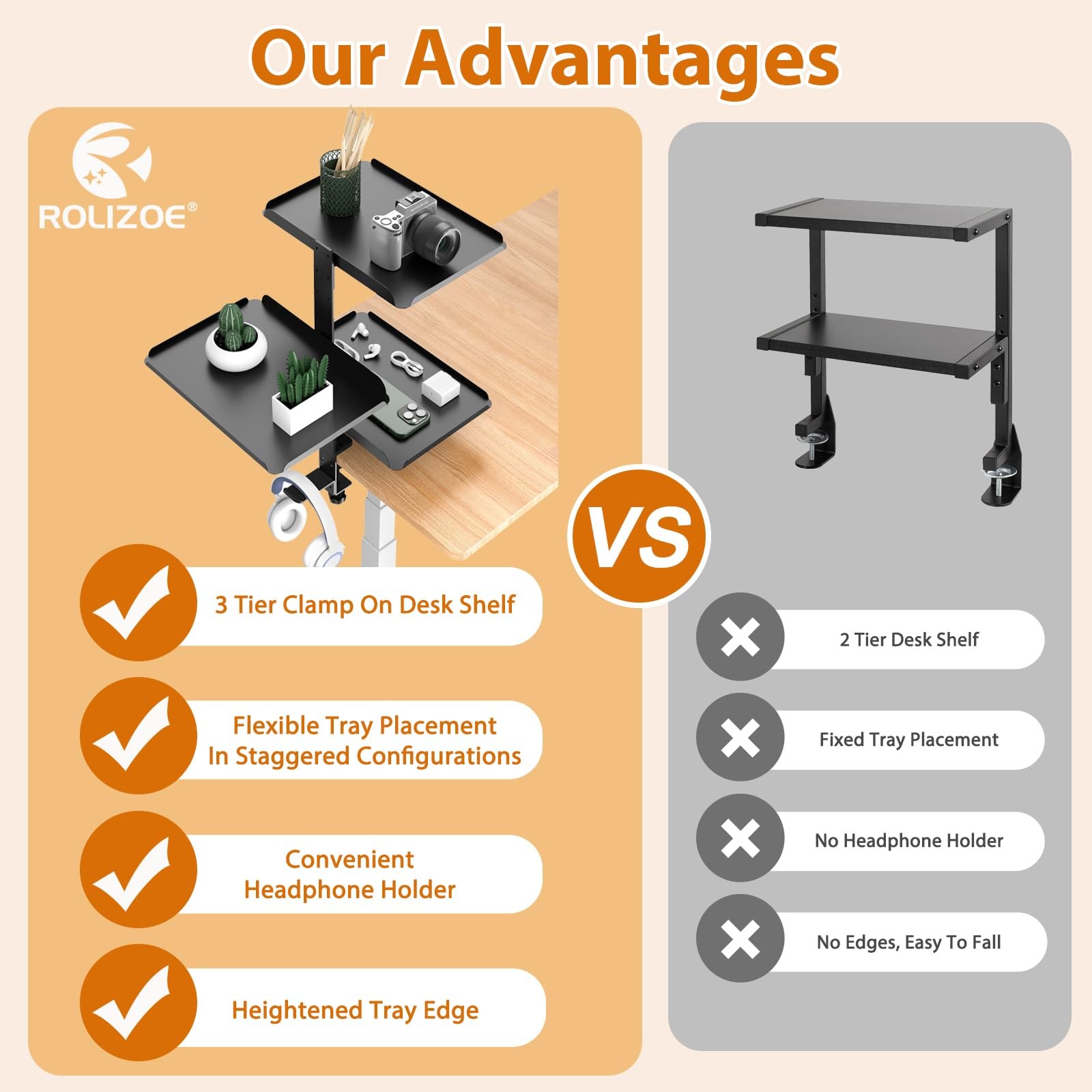 ROLIZOE 3 Tier Clamp On Desk Shelf, No 17.56 x 11.02 x 6.89 inches, Black