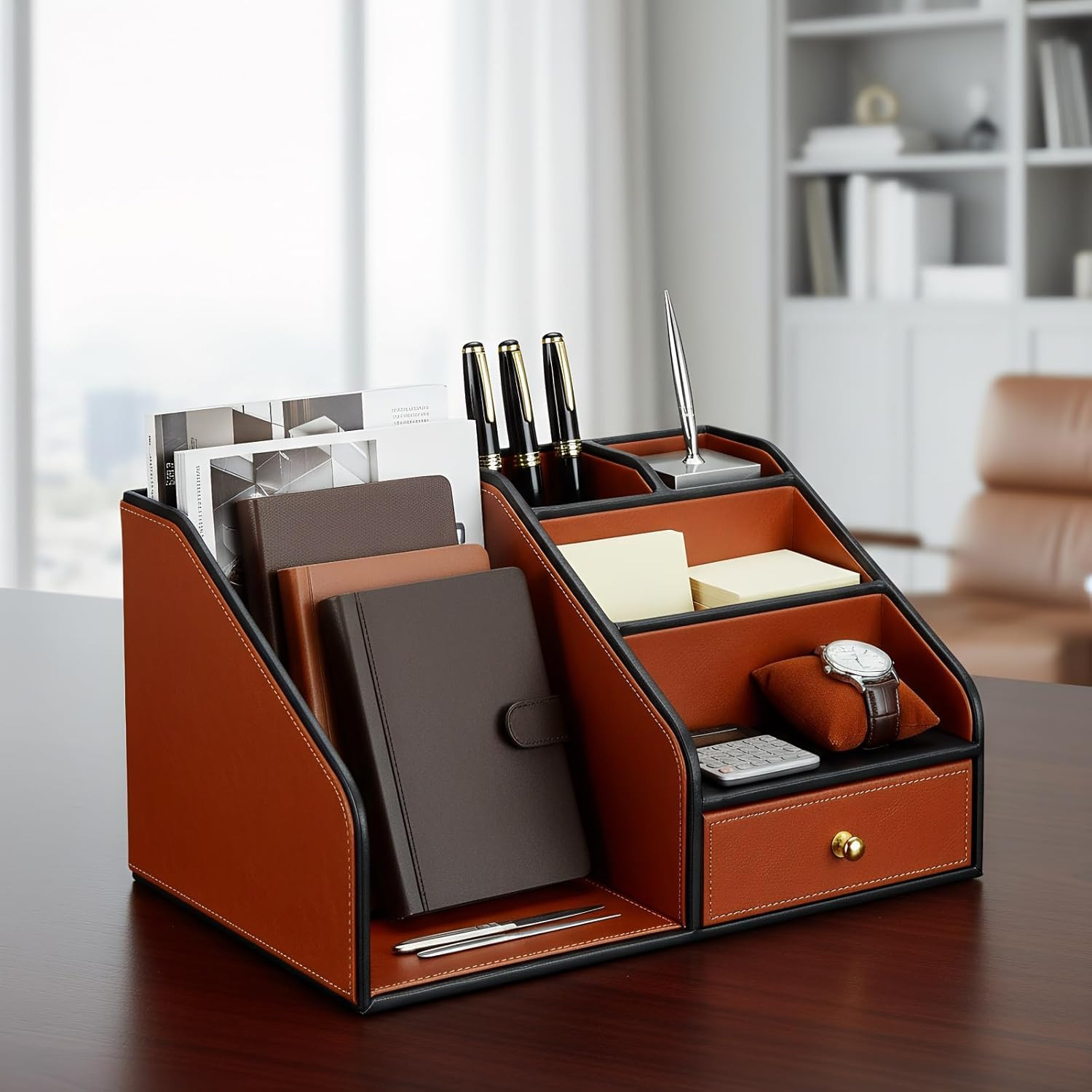 PU Leather Desk Organizer, Multifunction 6 Compartment Desk Organizers and Acces