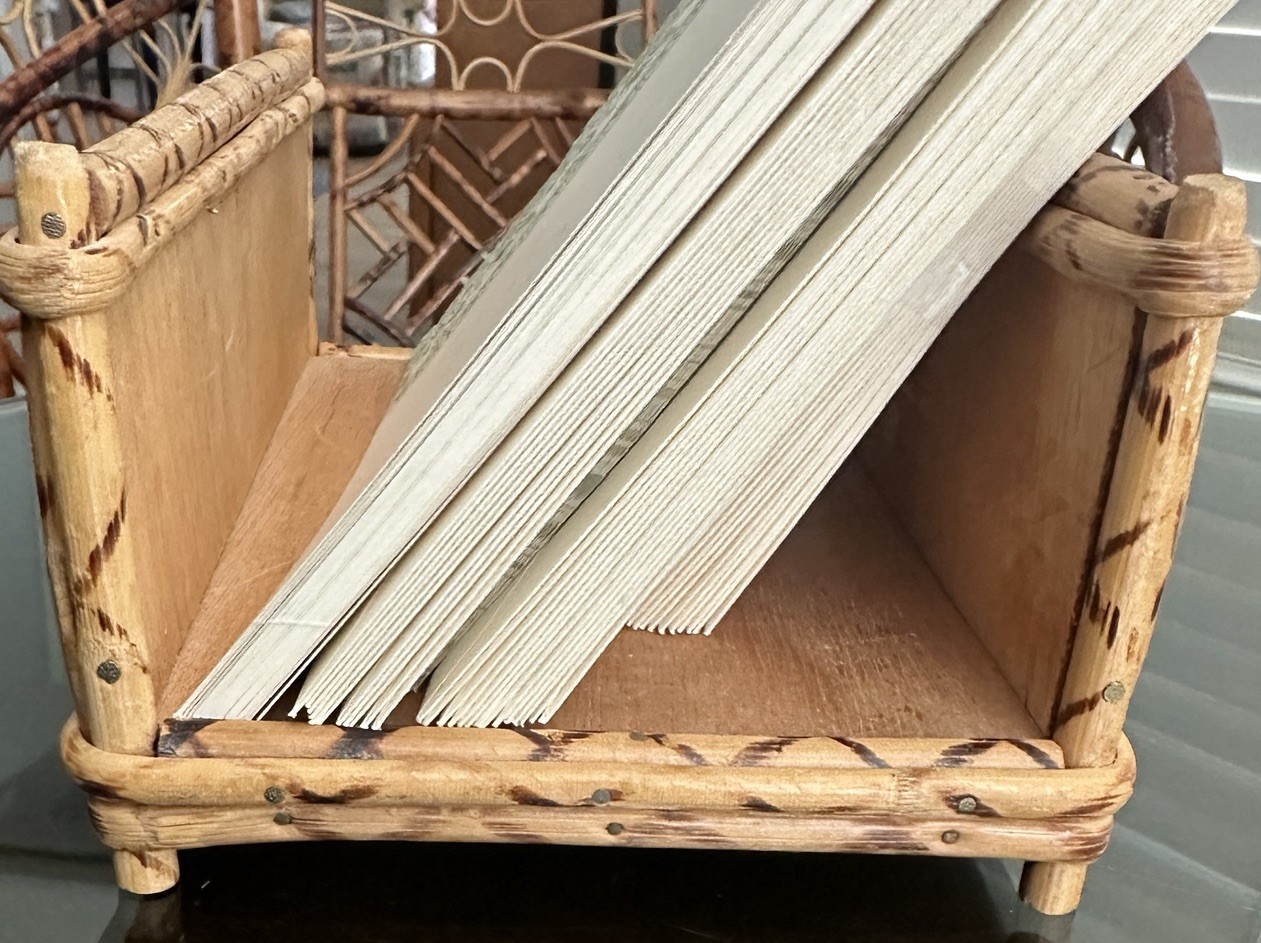 Vintage Burnt Bamboo Rattan Desk Organizer Napkin Caddy Letter Holder Hong Kong