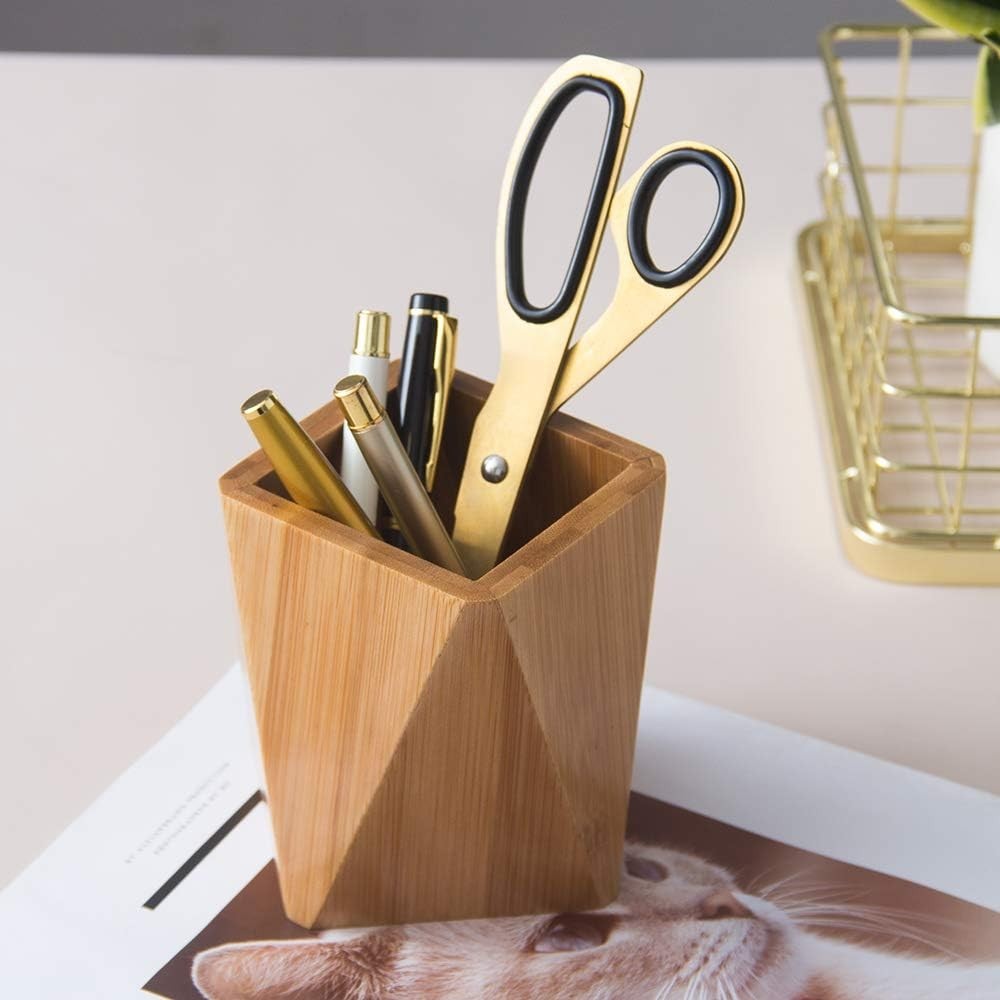 Cute Geometric Bamboo Pencil Cup – Multipurpose Makeup Brush and Desk Organizer