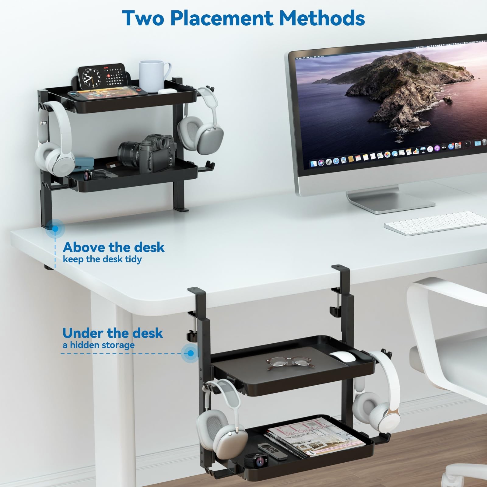 KDD Clamp On Desk Organizer – Adjustable 2-Tier Above or Under Large, Black
