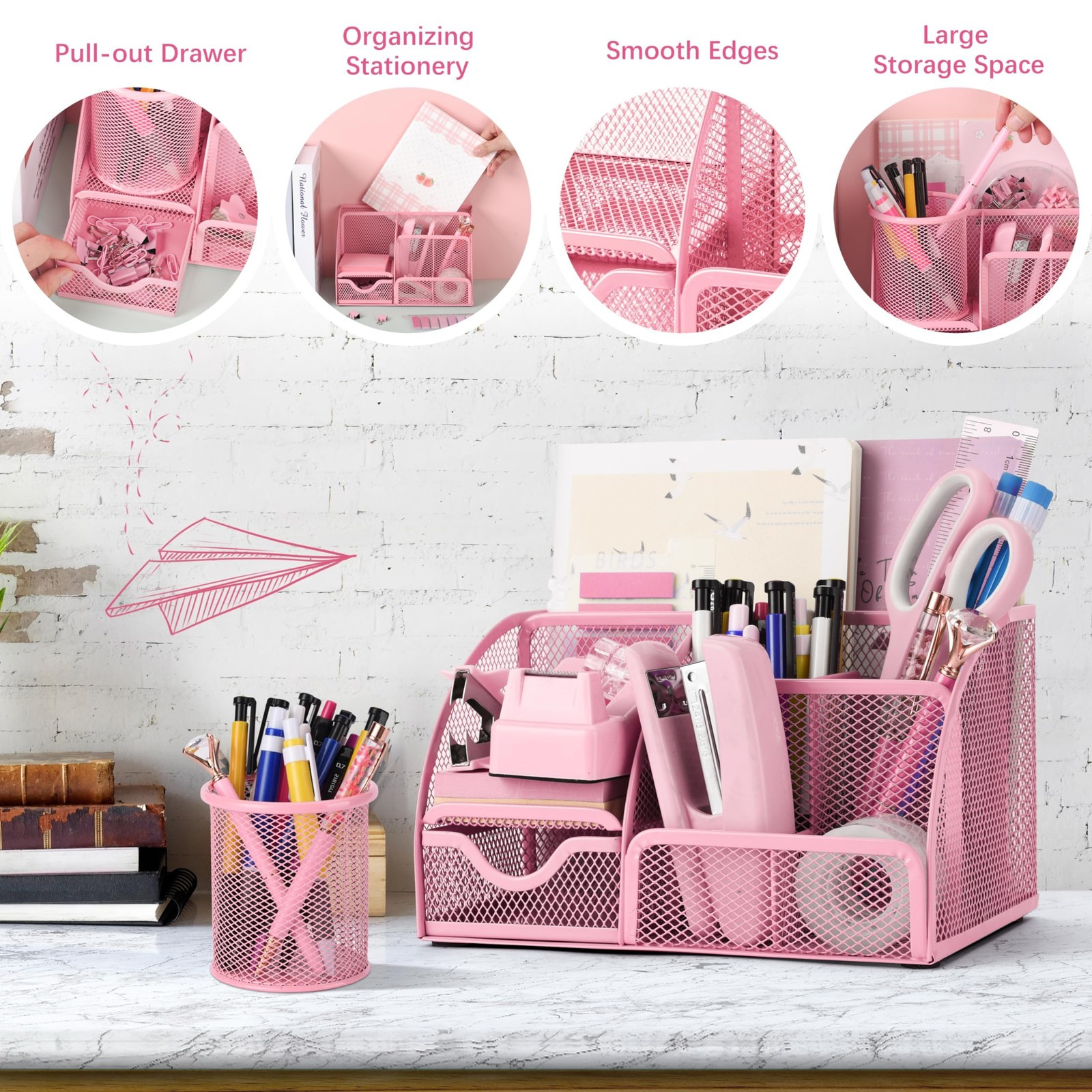 11 Pcs Pink Office Supplies Set Mesh Desk Organizer Accessories Kit include S…