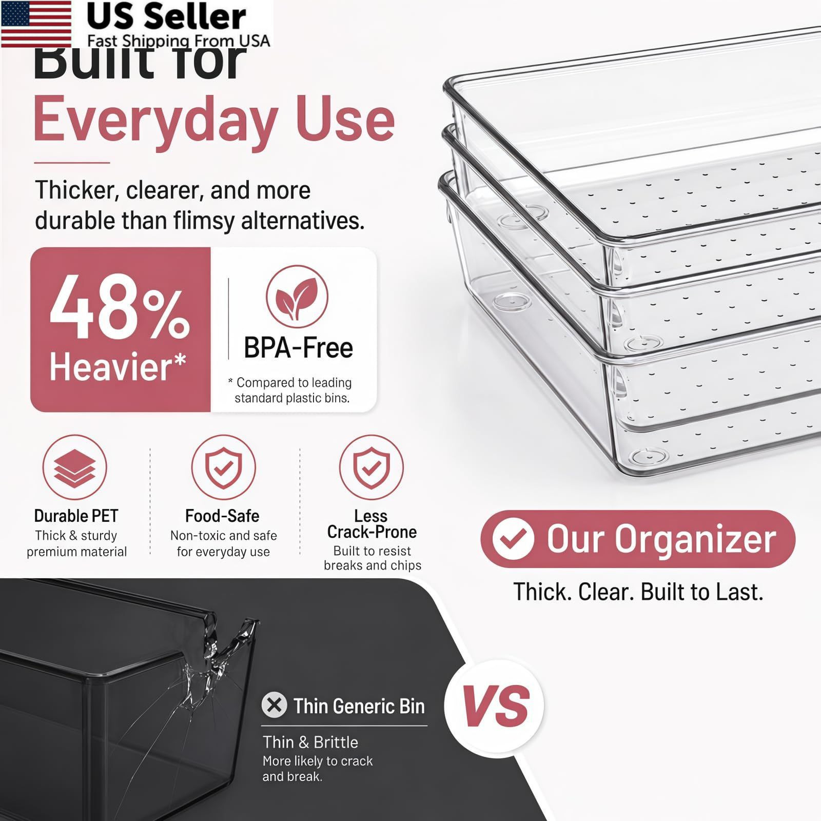 8 Pack Large Clear Plastic Drawer Organizer Bins – Acrylic 8 Pack,
