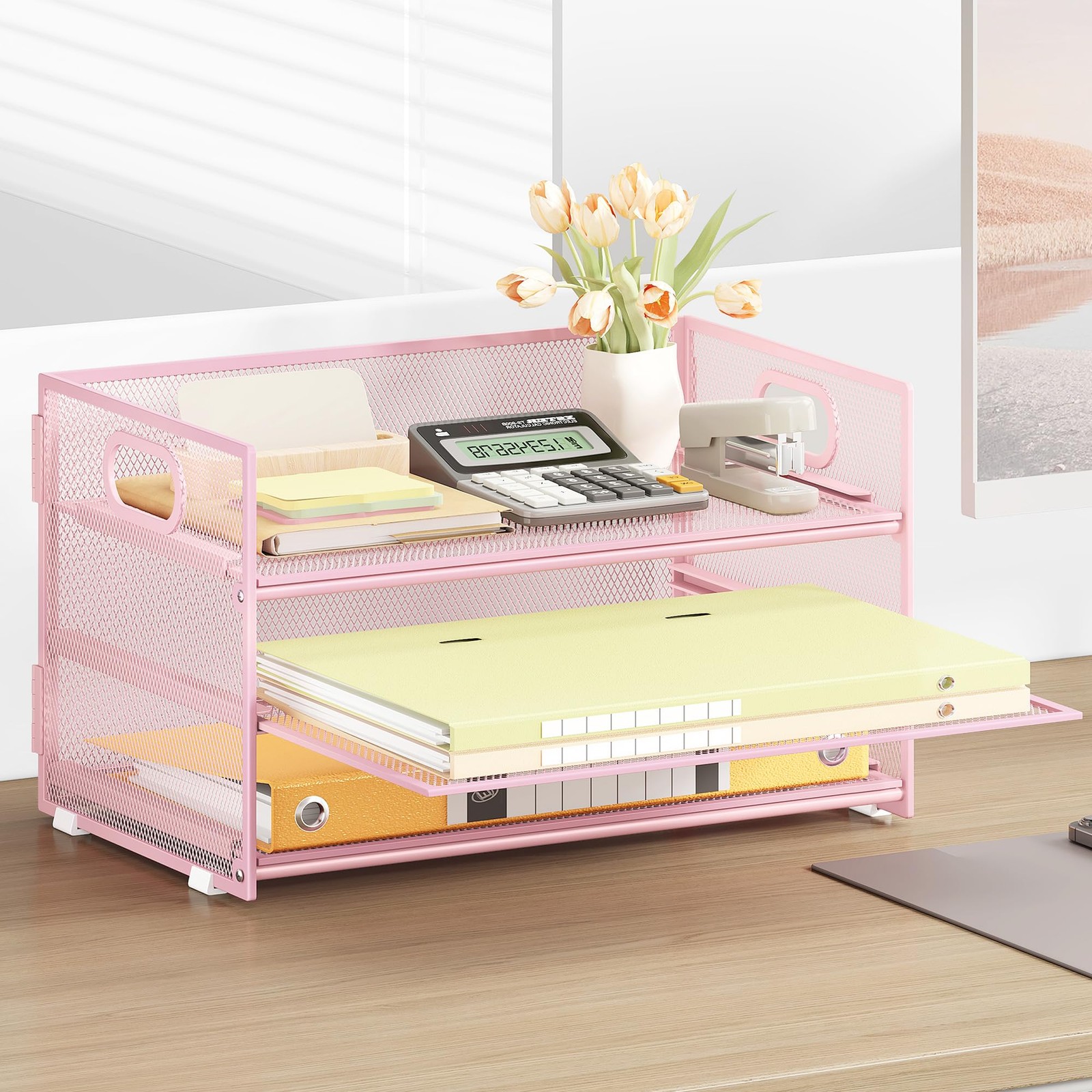 1 Set 3 Tier Paper Letter Tray Organizer Desk Mesh Sorter Pink