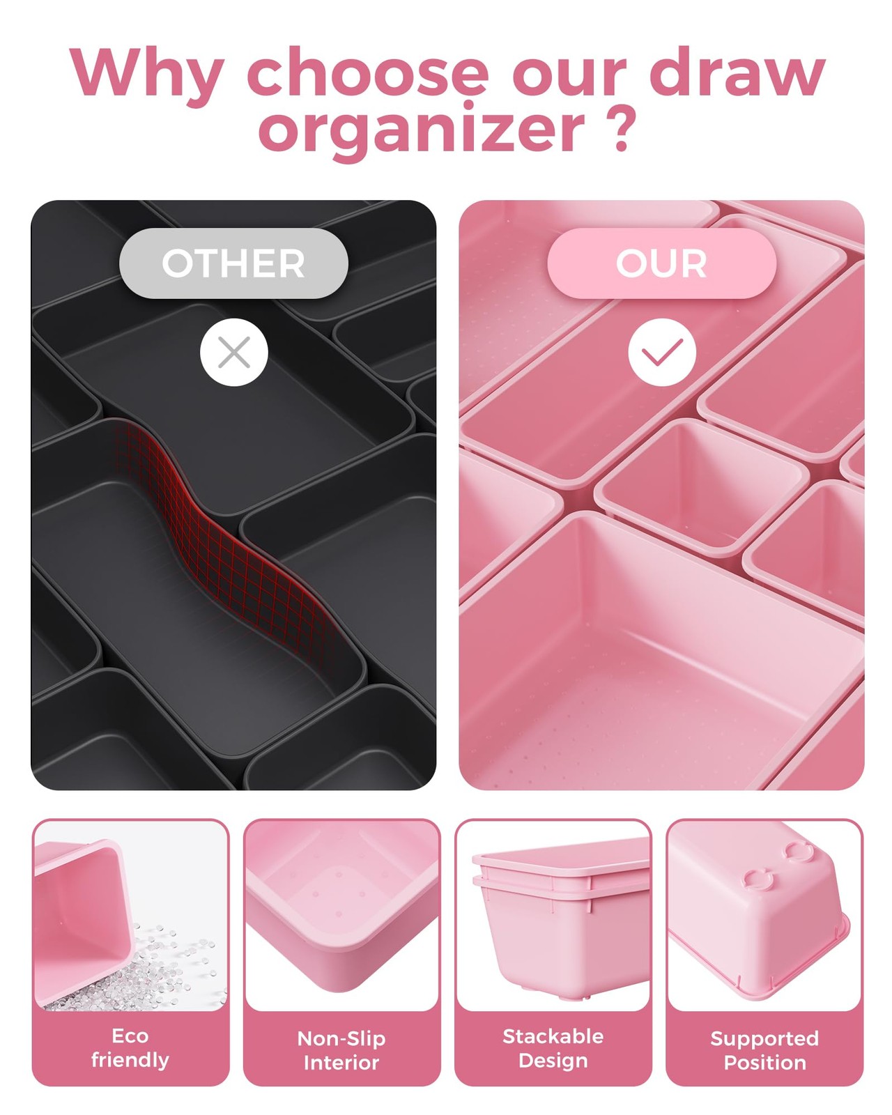 BiuLeon 25 PCS Plastic Drawer Organizers Set, 4-Sizes Vanity and Makeup Pink