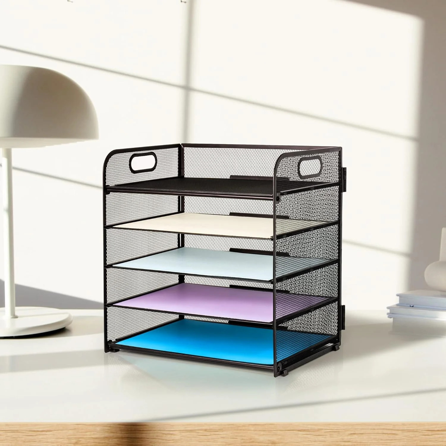 Supeasy 5 Trays Paper Organizer Letter Tray with Handle-Mesh Desk File Holders,