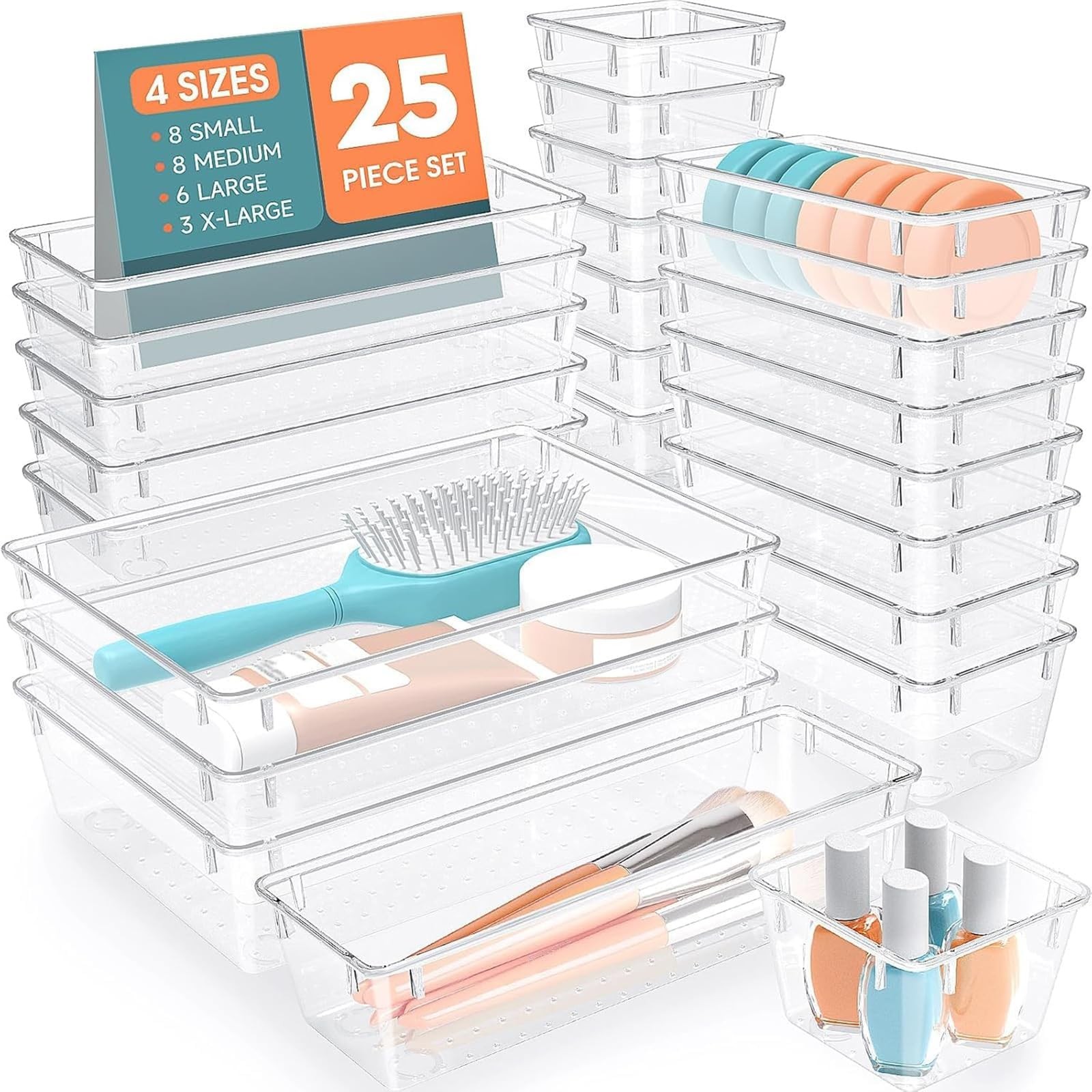 25 PCS Plastic Drawer Organizer Set, 4-Size Versatile Organizer Trays & stora…