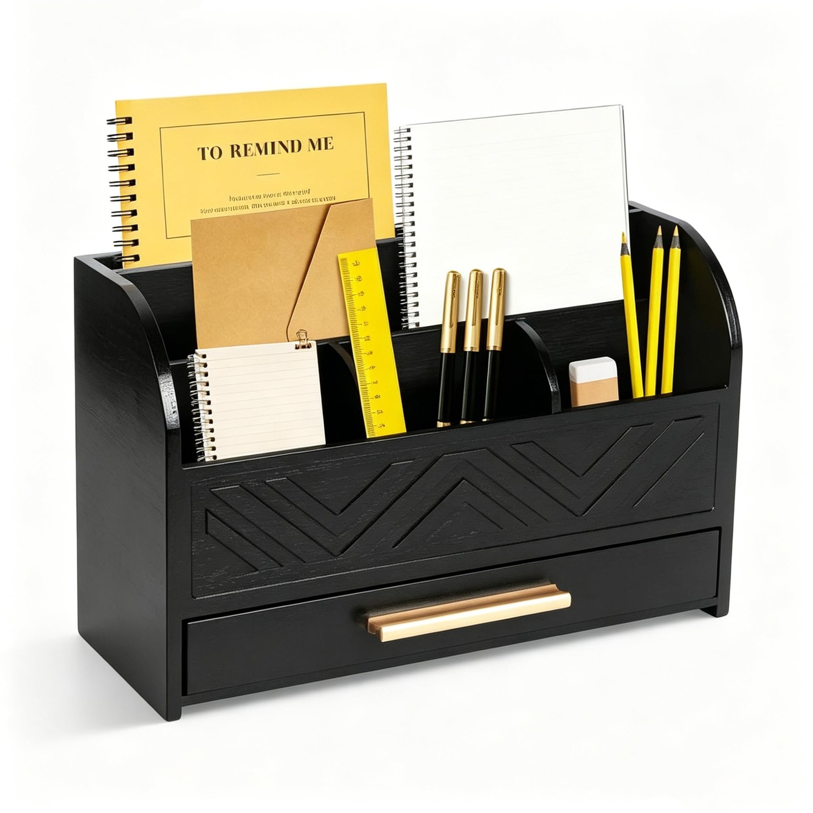 Charmewooden Black Desktop Organizer with Drawer Storage, White Desk