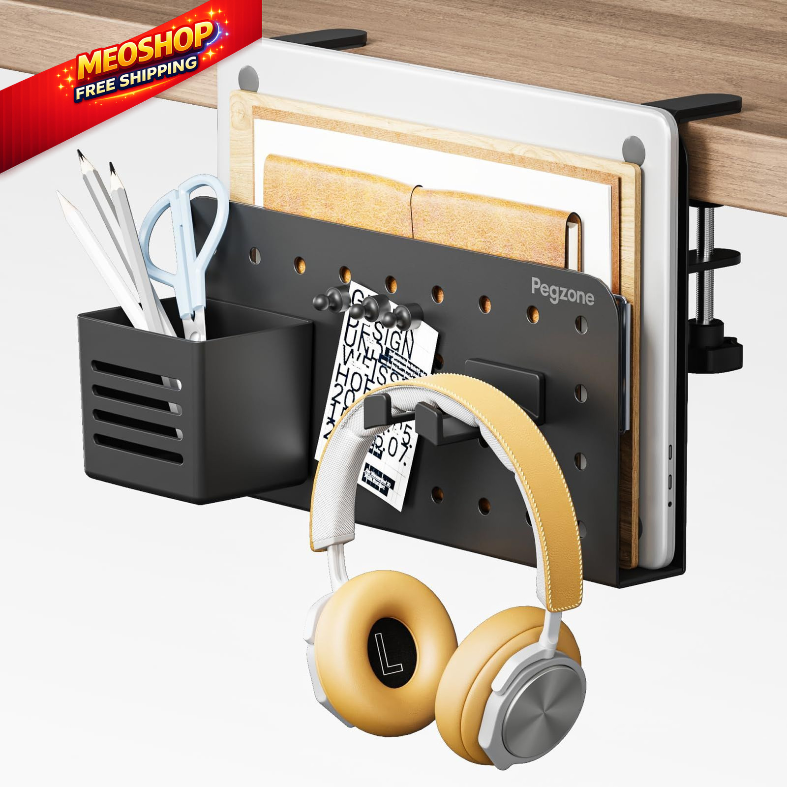 PEGZONE Desk Side Storage Organizer, No Drill 1.8 x 12 x 8.5 inches, Black