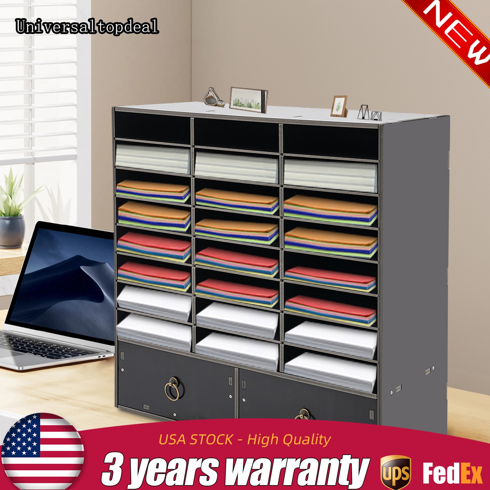 Paper and Mail Organizer, Storage Cabinet with 24 Compartments+2 Drawers Office