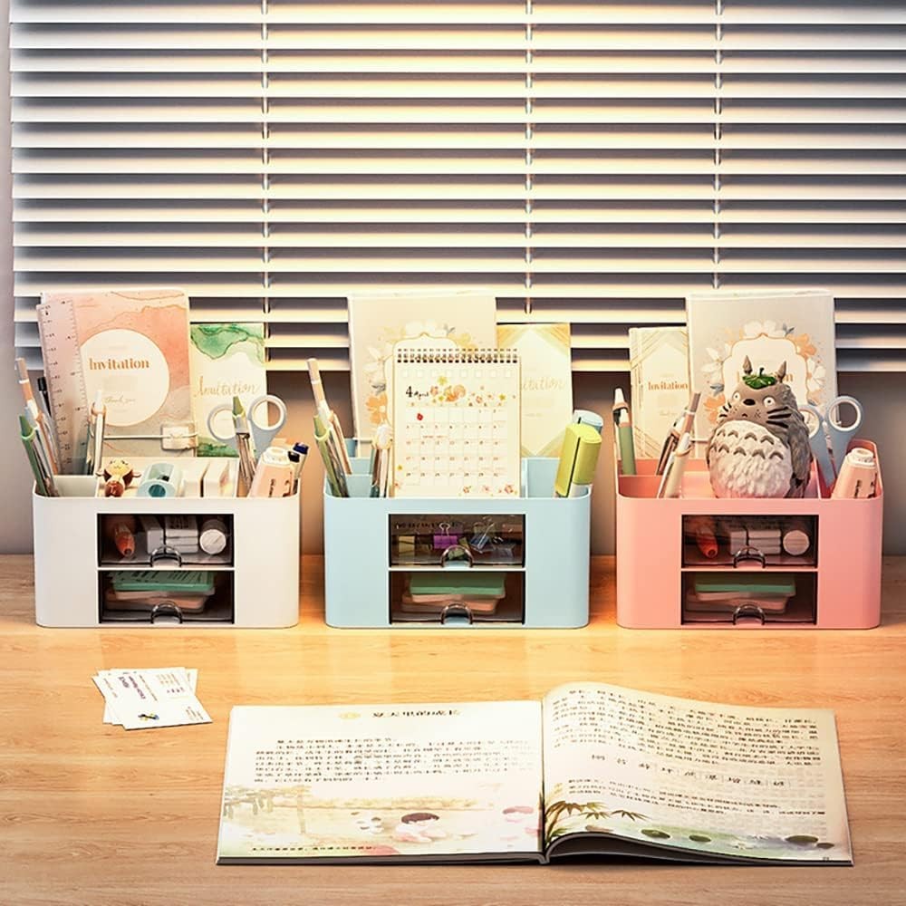 Stationary Organiser 7-Grid Desk Organizer with Drawer – Multifunctional Plas…