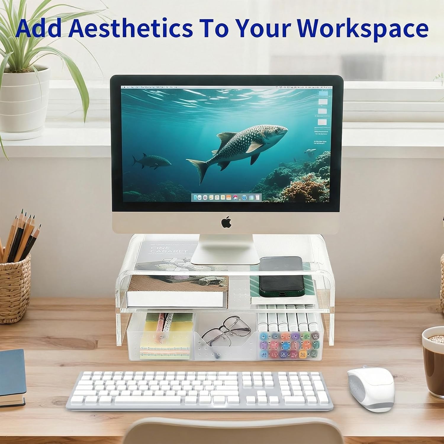 Sleek 2-Tier Acrylic Desk Riser with Drawer for Ultimate Office Organization