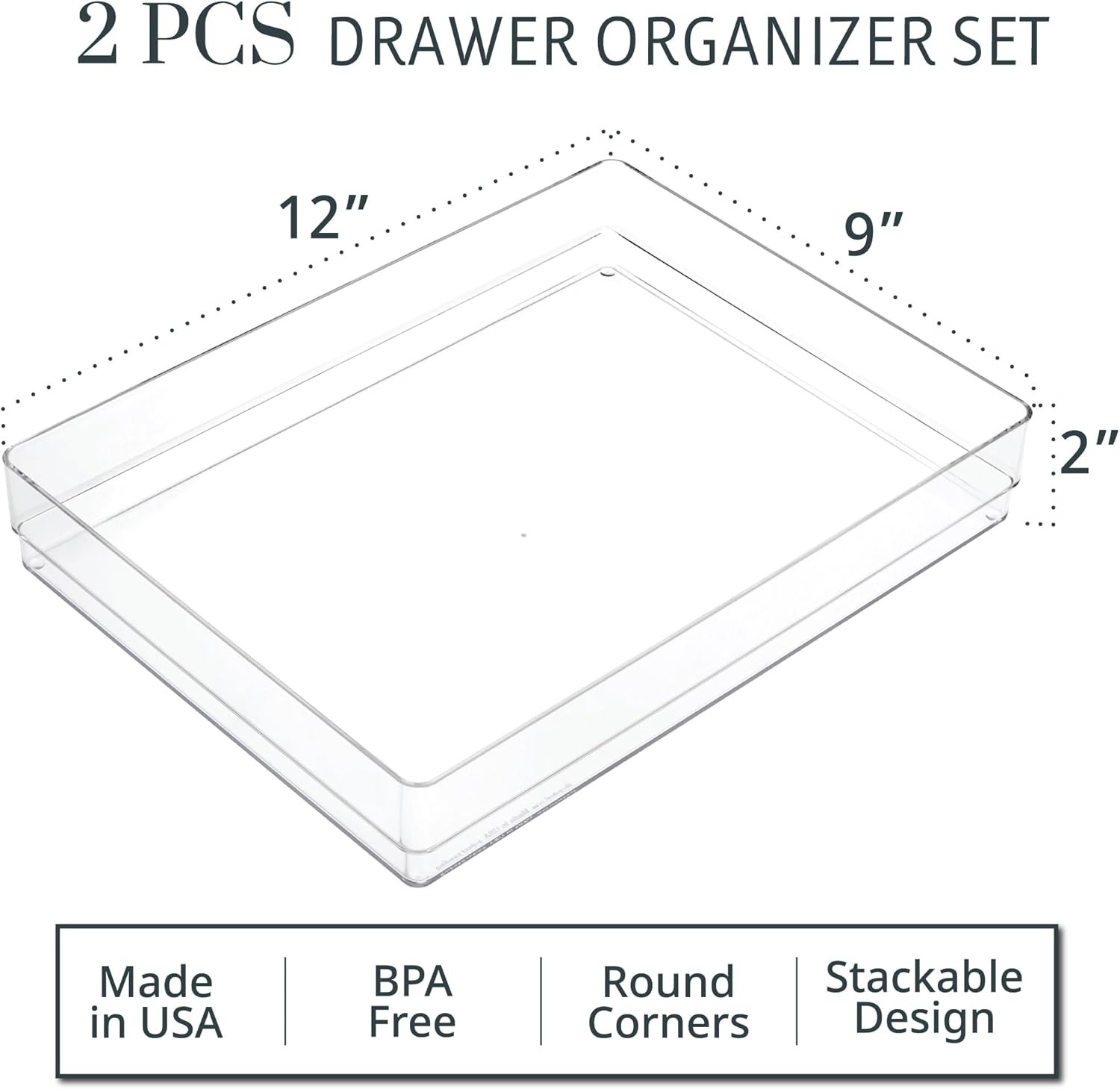 SimpleSort 2-Piece Stackable Clear Drawer Organizer Set 12″ x 9″ x 2″ Rectangle