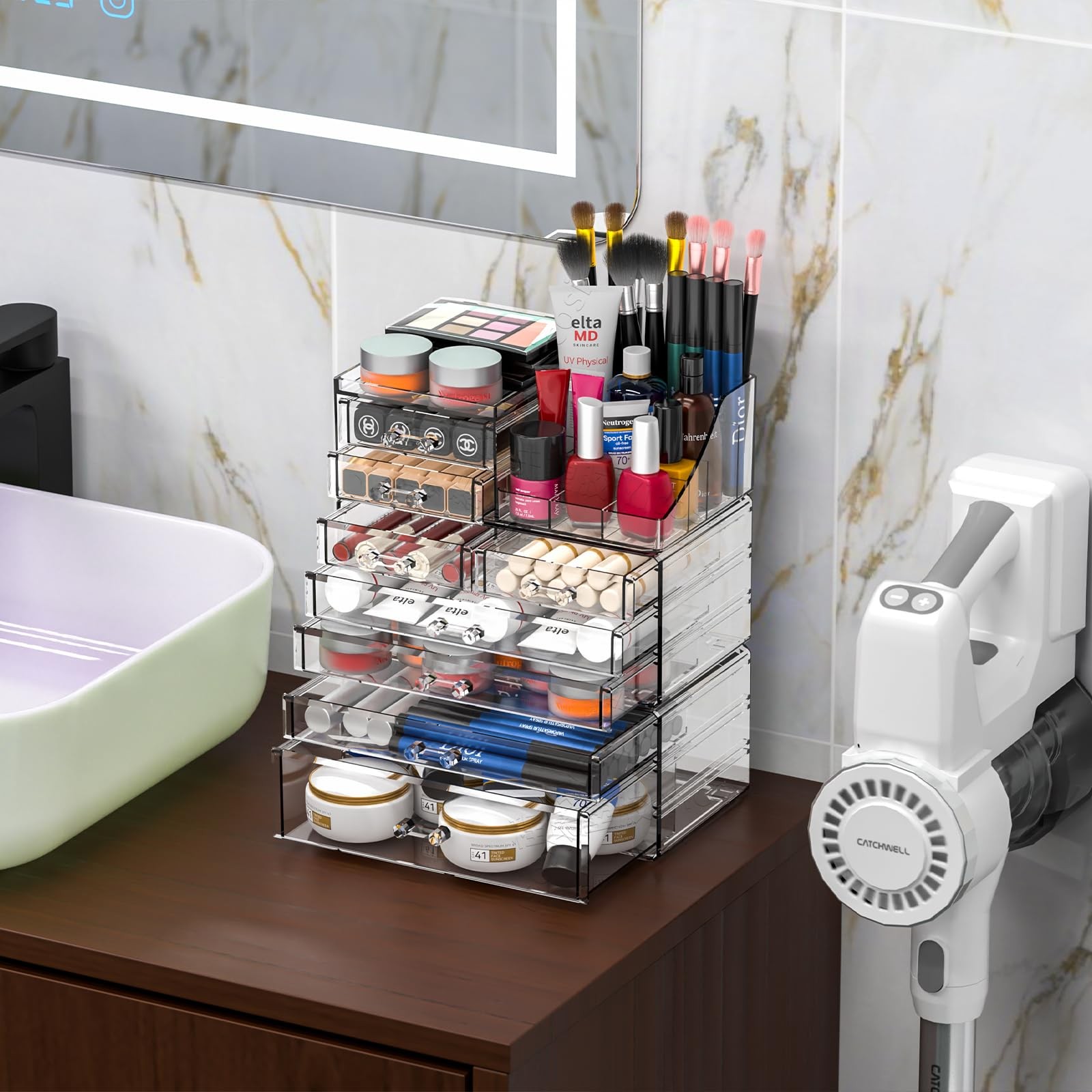 Acrylic Clear Make up Organizers And Storage for 8 Drawers-Set of 3, clear