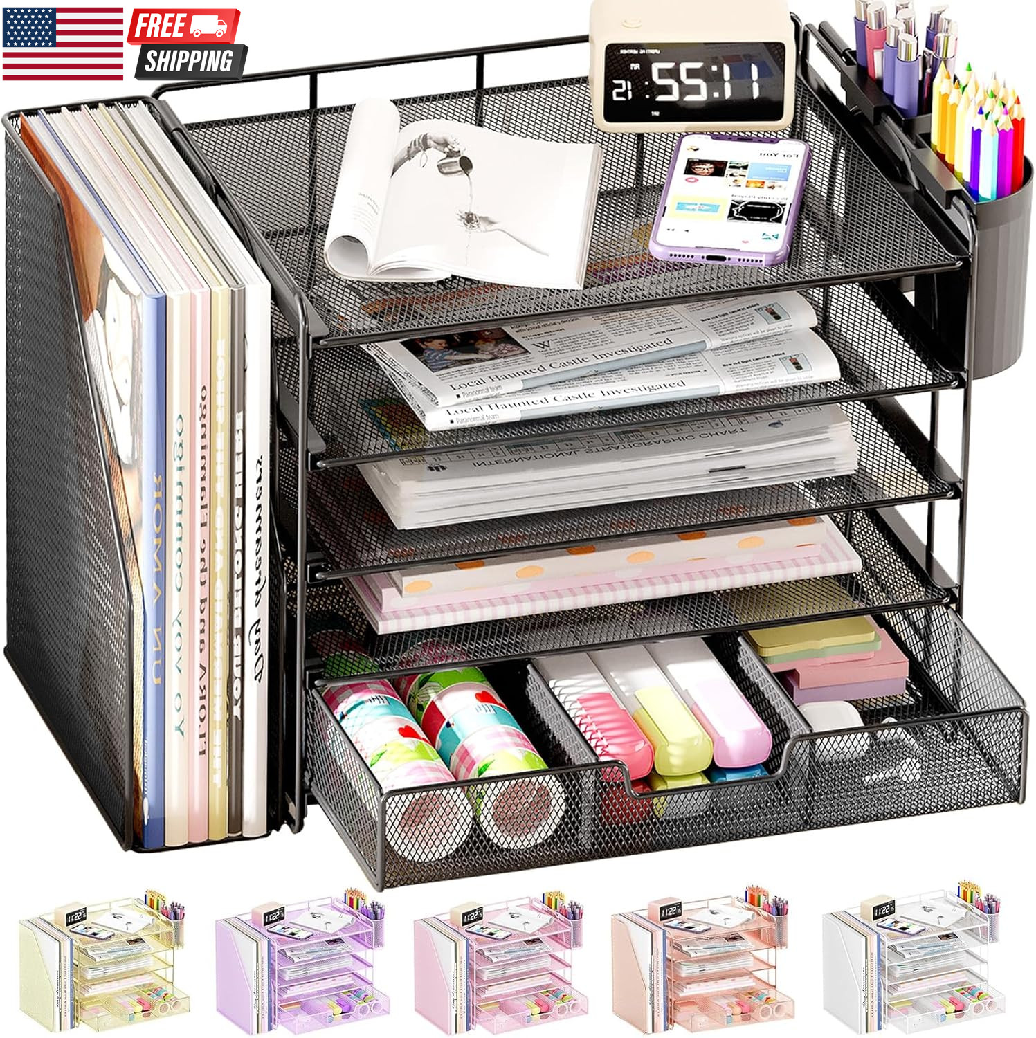 Desk Organizer, 5-Tier Paper File Organizer with Drawer & Pen Holder, Office Des