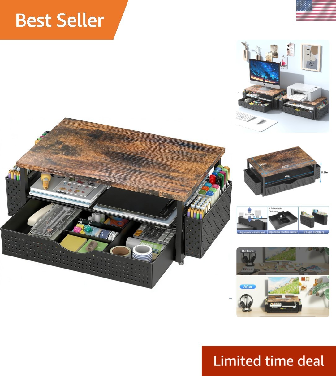 Ergonomic Computer Monitor Stand Riser & Stylish Desk Organizer with Drawer