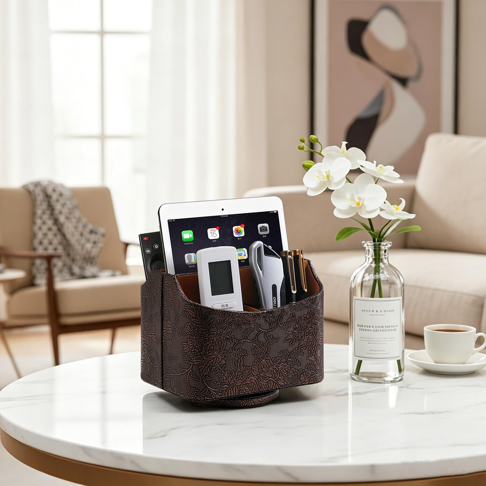 PU Leather Remote Control Holder, 360 Degree Rotating Desk Organizer Luxury D…