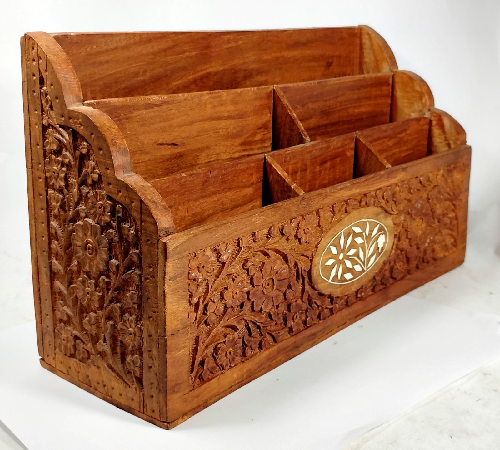 Unbranded Brown Carved Floral Wood Desk Organizer 7″ Tall & 12″ Long very nice