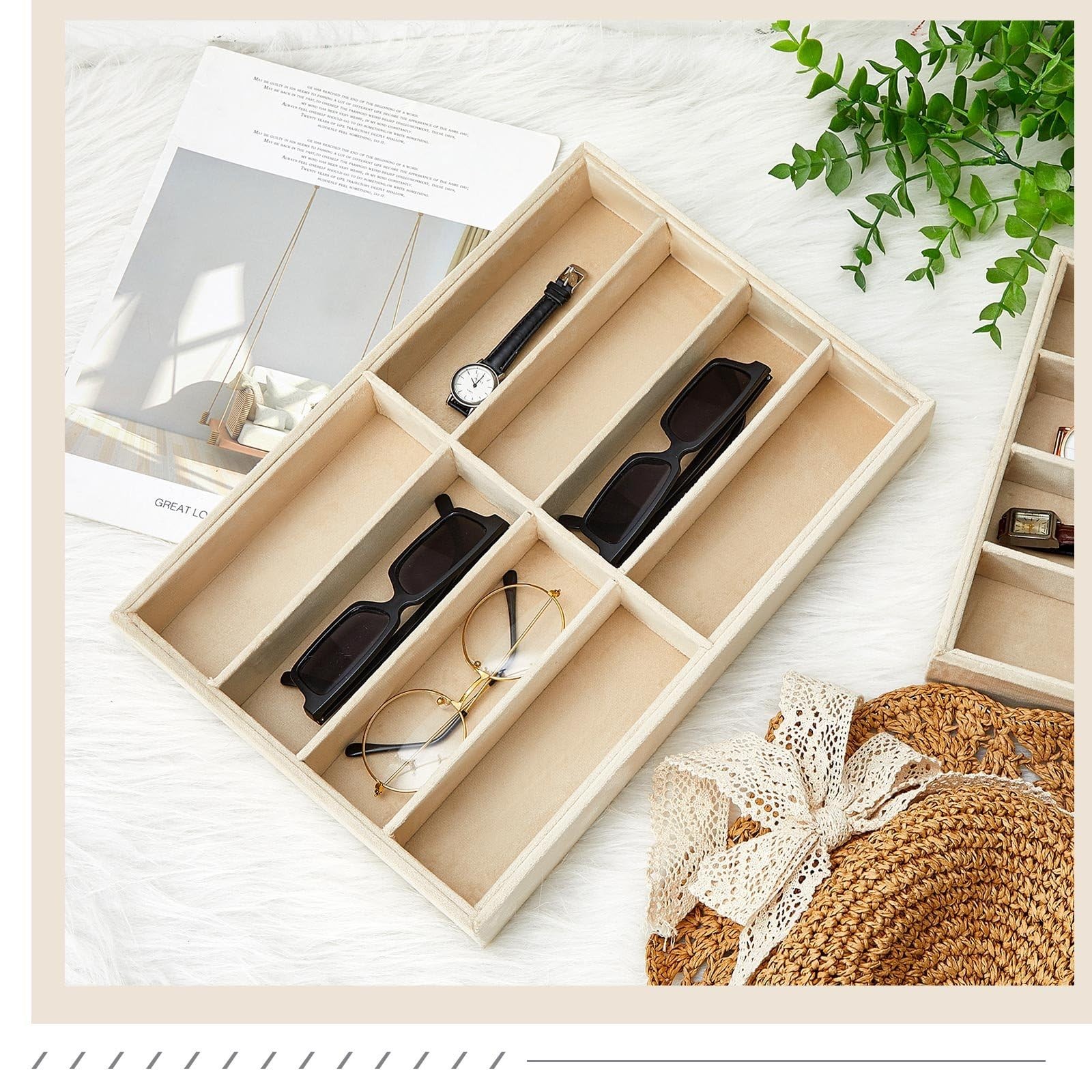 Amylove 4 Pcs Beige Sunglass Organizer Trays 8 Grids Velvet 8 Grids,