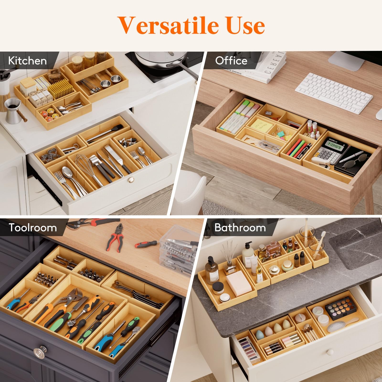 Lifewit Drawer Organizers 5 Pack(11 Grid) with 6 Inserts, Adjustable natural