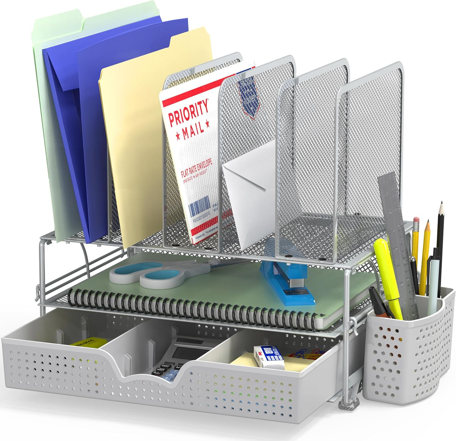 Mesh Desk Organizer with Sliding Drawer, Double Tray & 5 Upright Sections-Silver