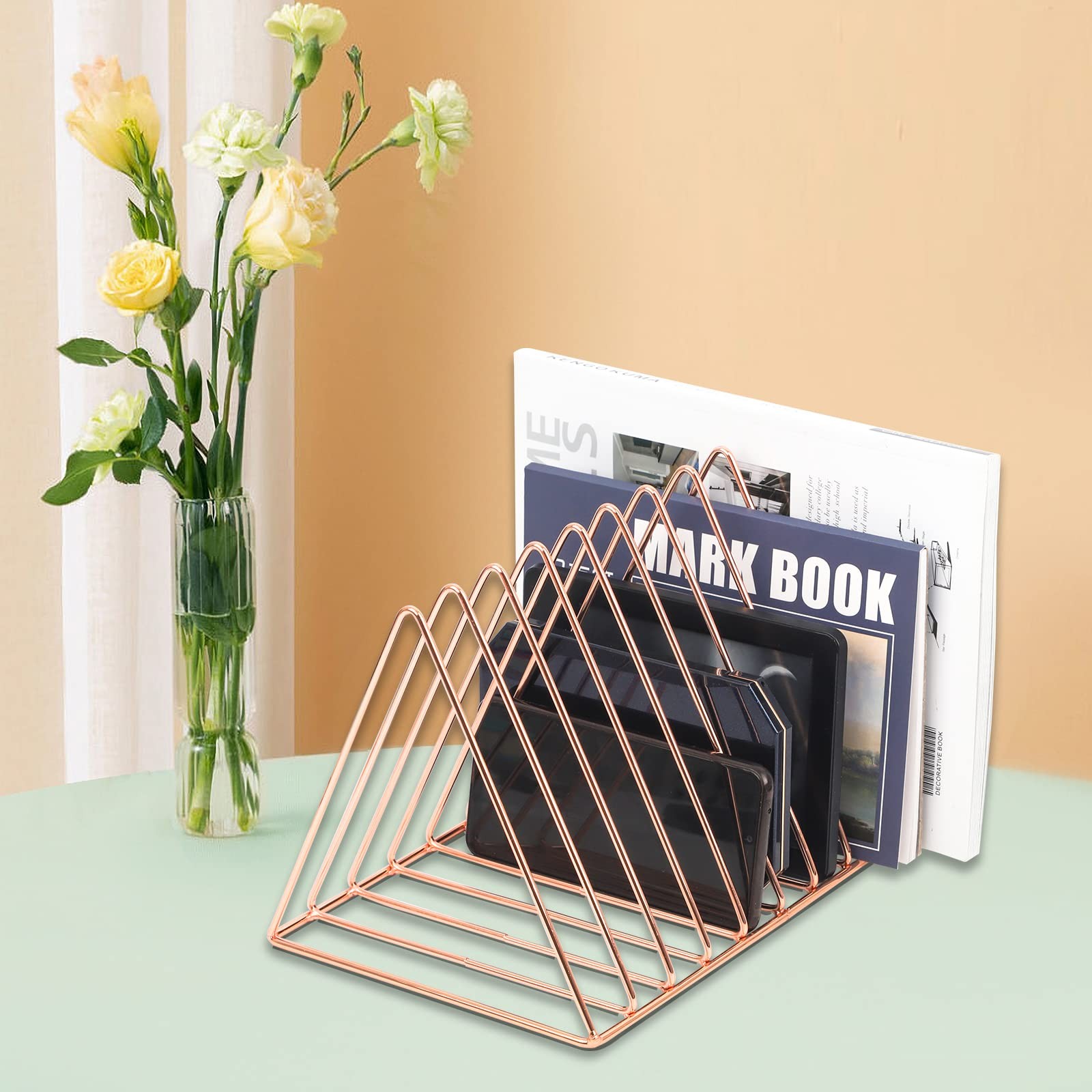 Rose Gold Magazine Holder, Desktop File Sorter Organizer Triangle 9 Slot News…