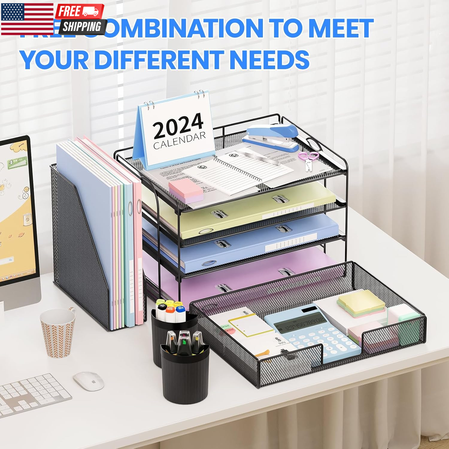 Desk Organizer, 5-Tier Paper File Organizer with Drawer & Pen Holder, Office Des