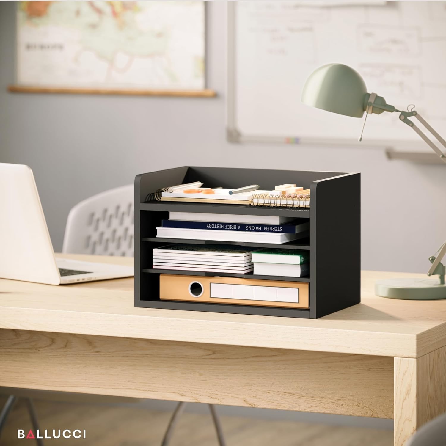 4-Tier Modern Black Desk Organizer – Open Top Paper Tray for Stylish Offices