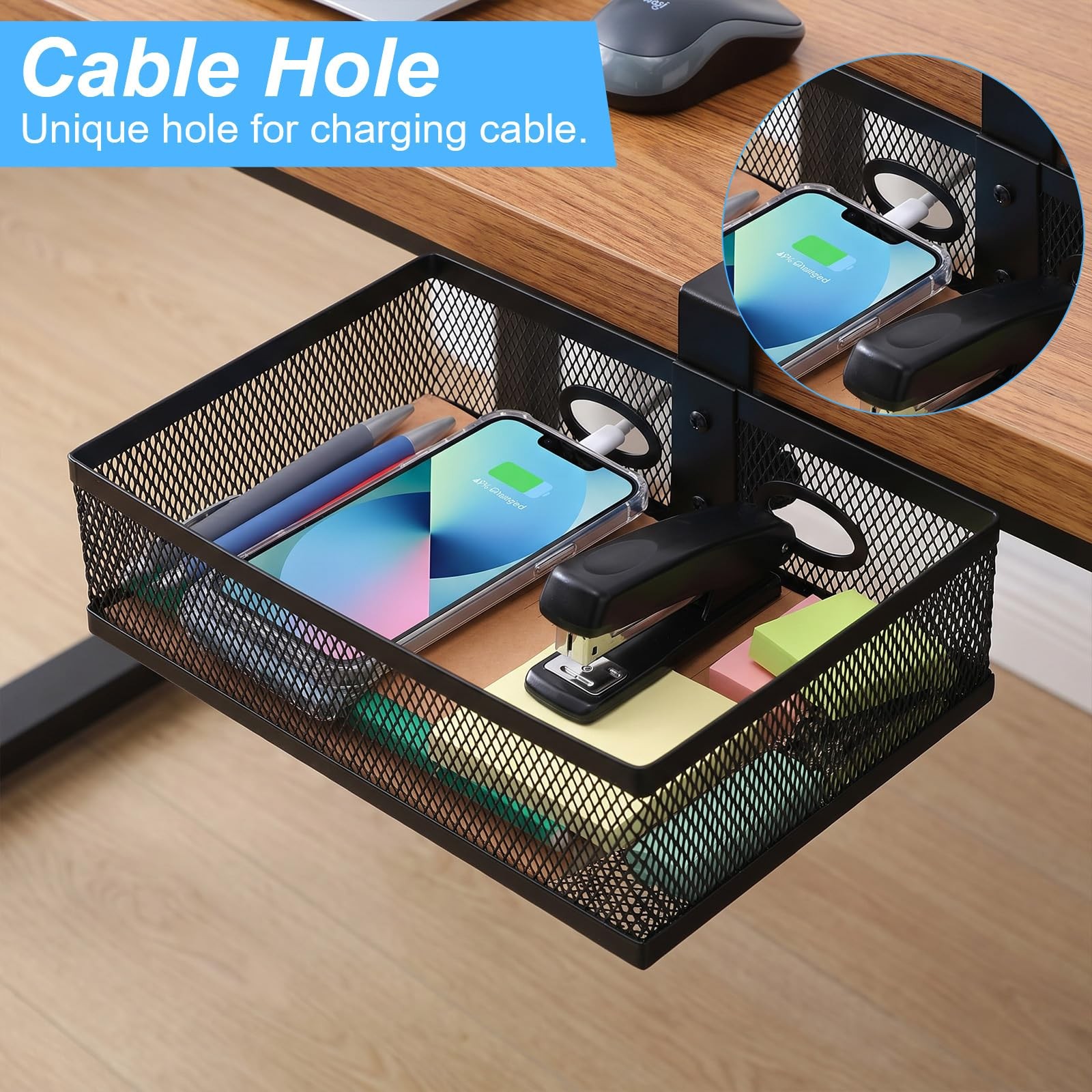 Under Desk Storage Organizer 360 Degree Rotating Under Drawer with Large Mesh…