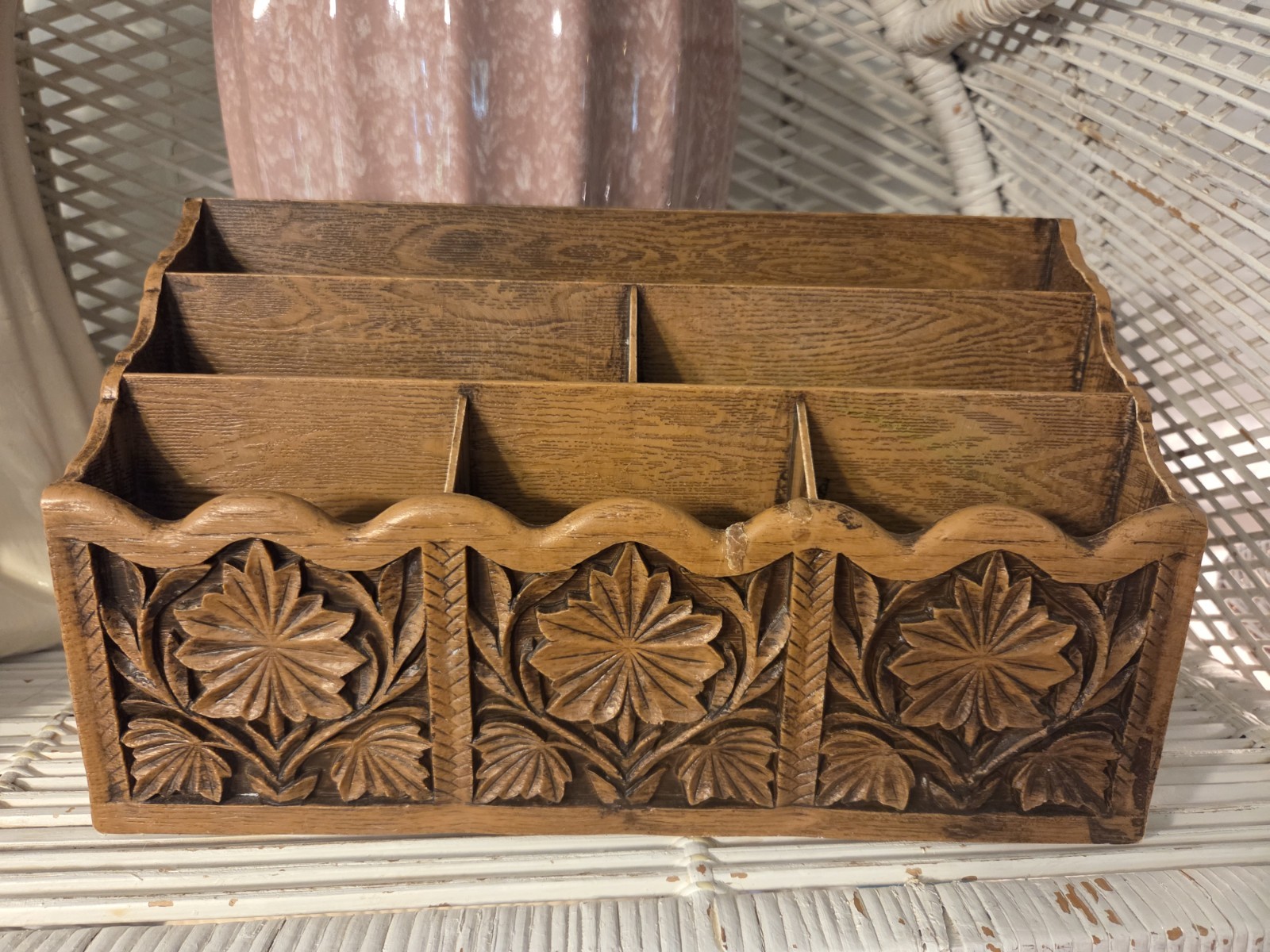 70s Vintage Lerner Faux Wood Desktop Organizer Carved Floral Design 1970s MCM