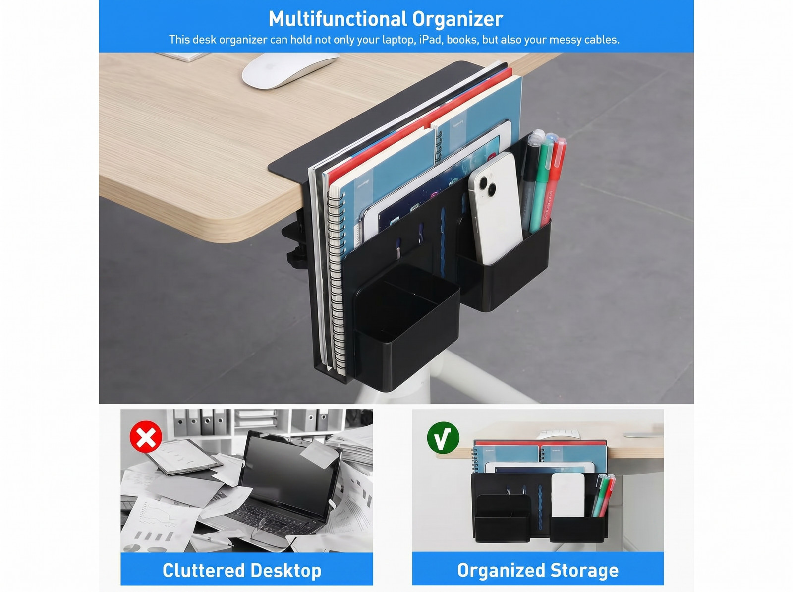 Clamp On Desk Organizer Laptop Tablet File Holder Pen Cups No Drill White