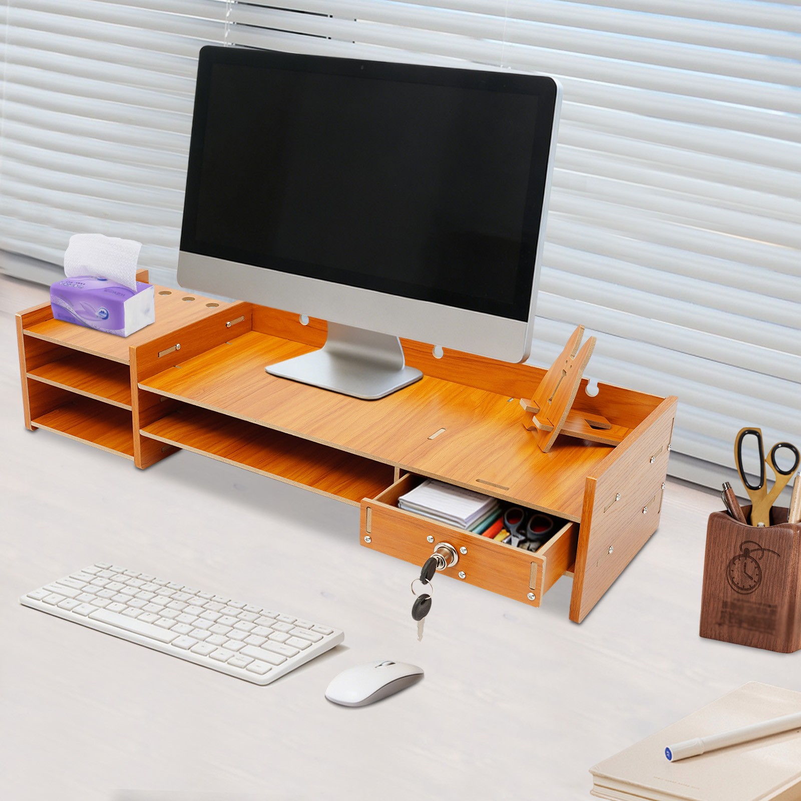 Wood Desk Organizer Office Home Computer Monitor Stand Holder Desktop Storage
