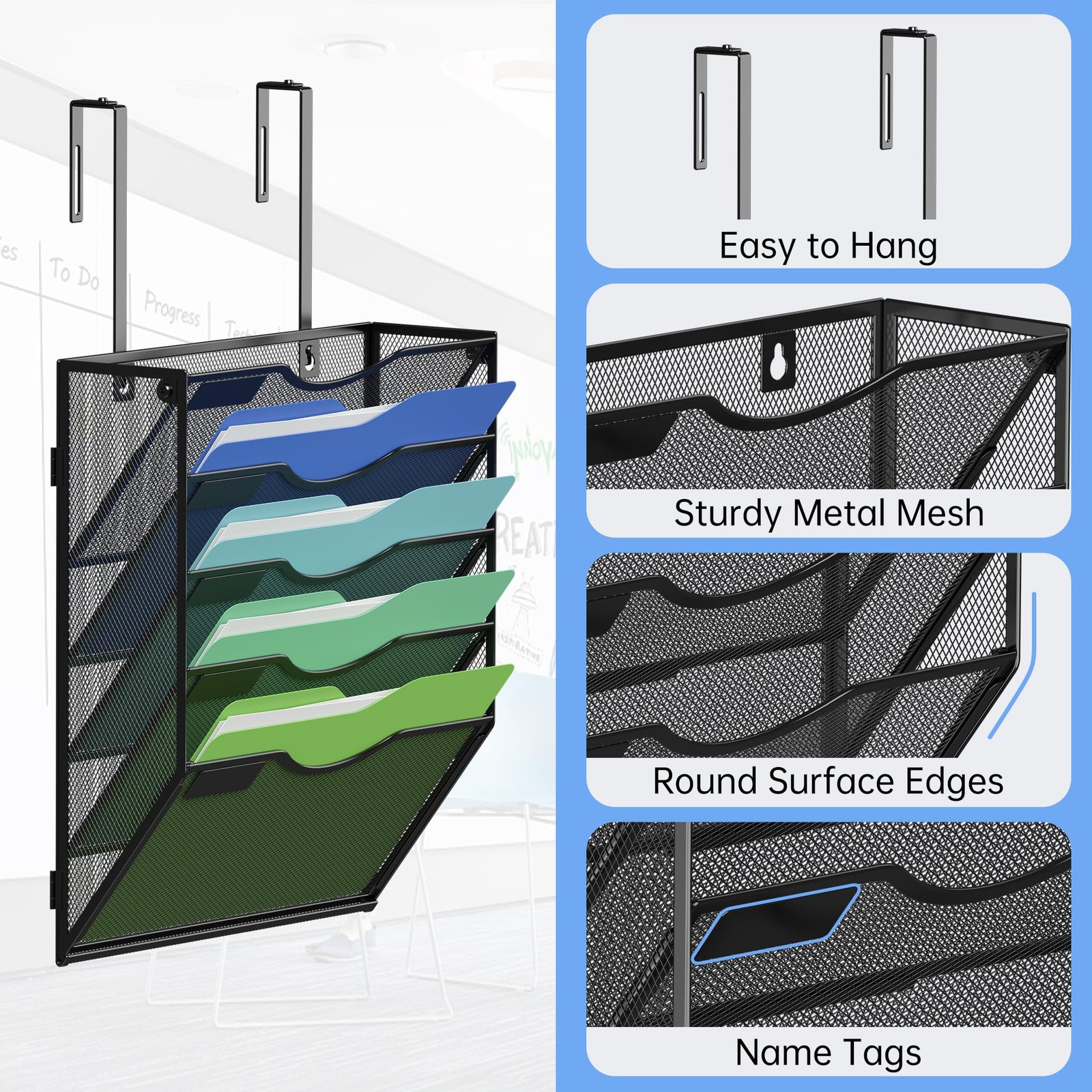 Kuntine.B Wall File Organizer Office Hanging Magazine 5 Tier & Hangers, Black
