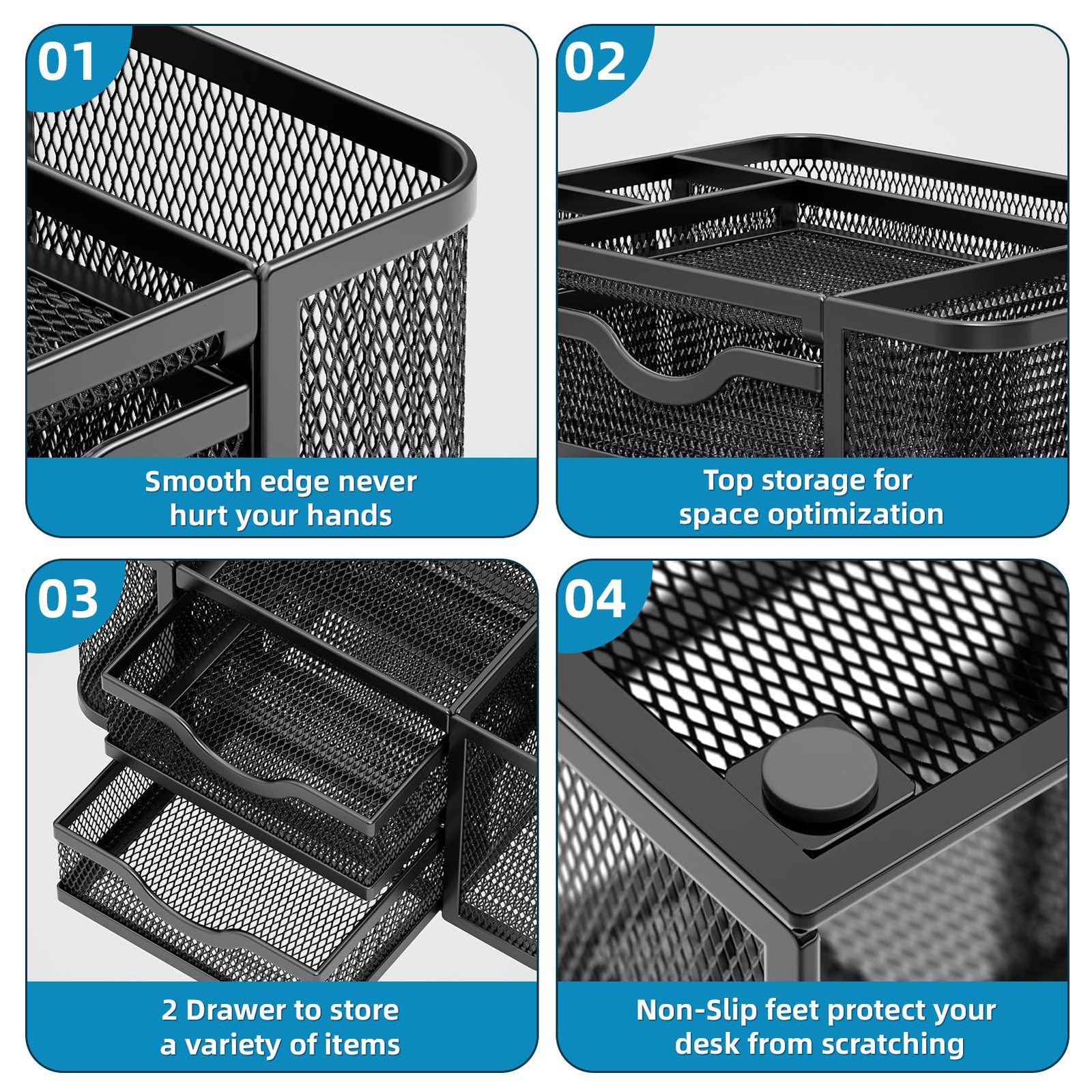 Marbrasse Mesh Desk Organizer, Pen Organizer with 2 Drawer, Black
