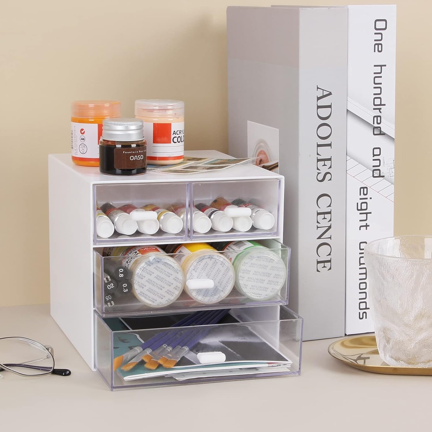 Modern White Desk Organizer with 4 Acrylic Drawers – Effortless Organization
