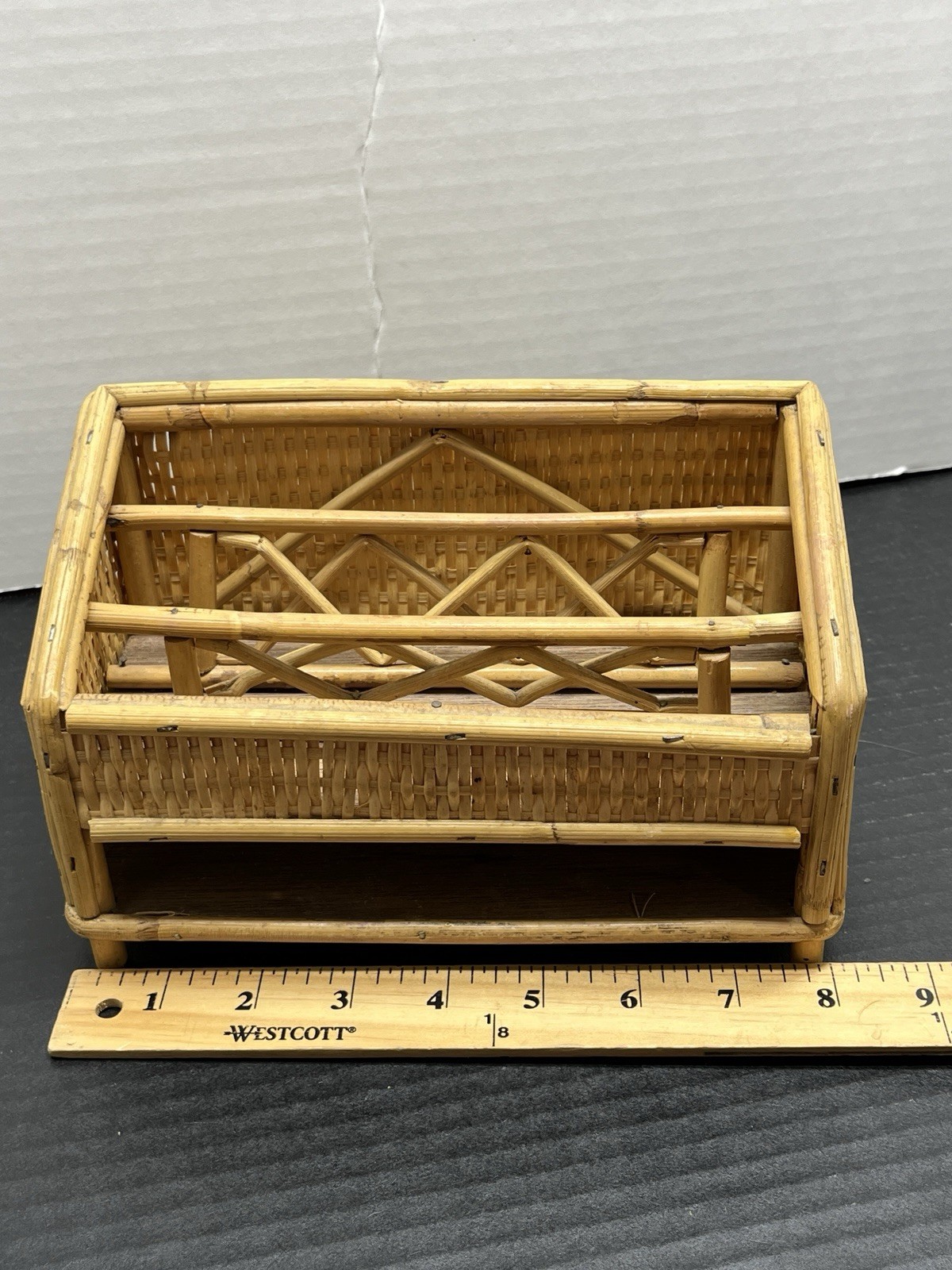 Vintage Woven Organizer Desk Letter Holder Wicker Rattan Mid-Century Bohemian