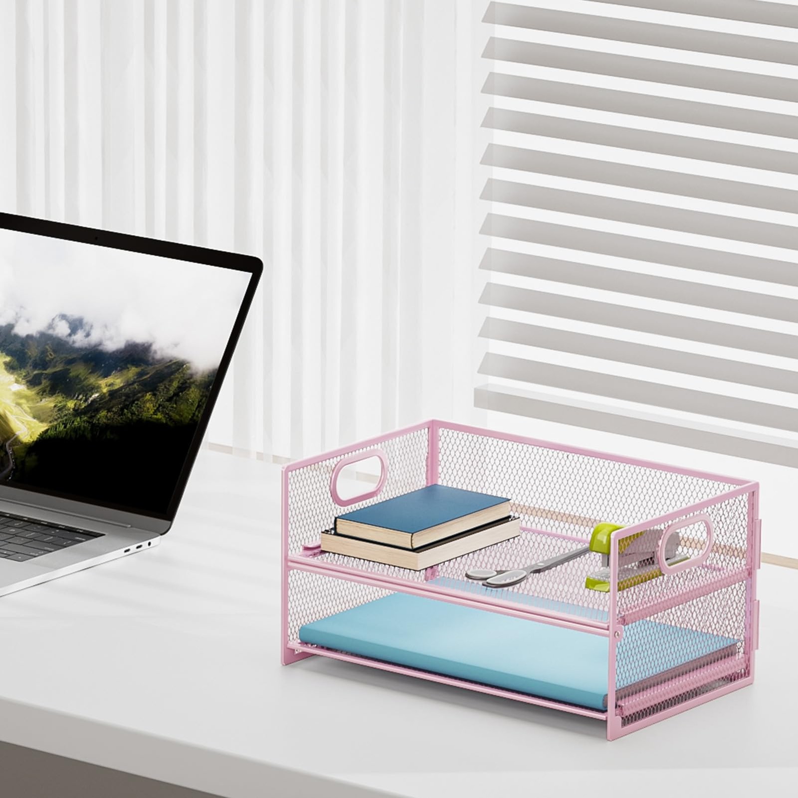 Pink 2~Tier Mesh Letter Tray Organizer with Handle for Office Desk