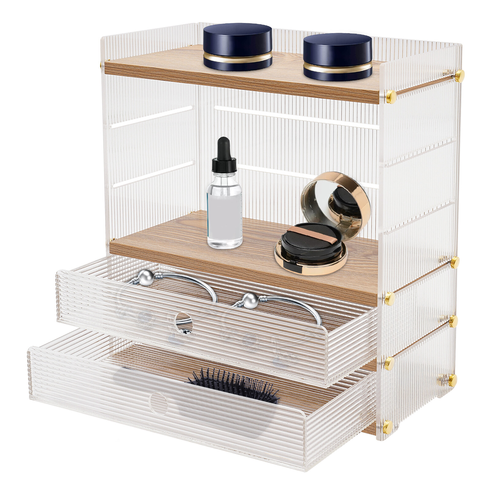 4 Tier Wood Desktop Organizer Clear Show Shelf Adjustable Desk Stroage W/ Drawer