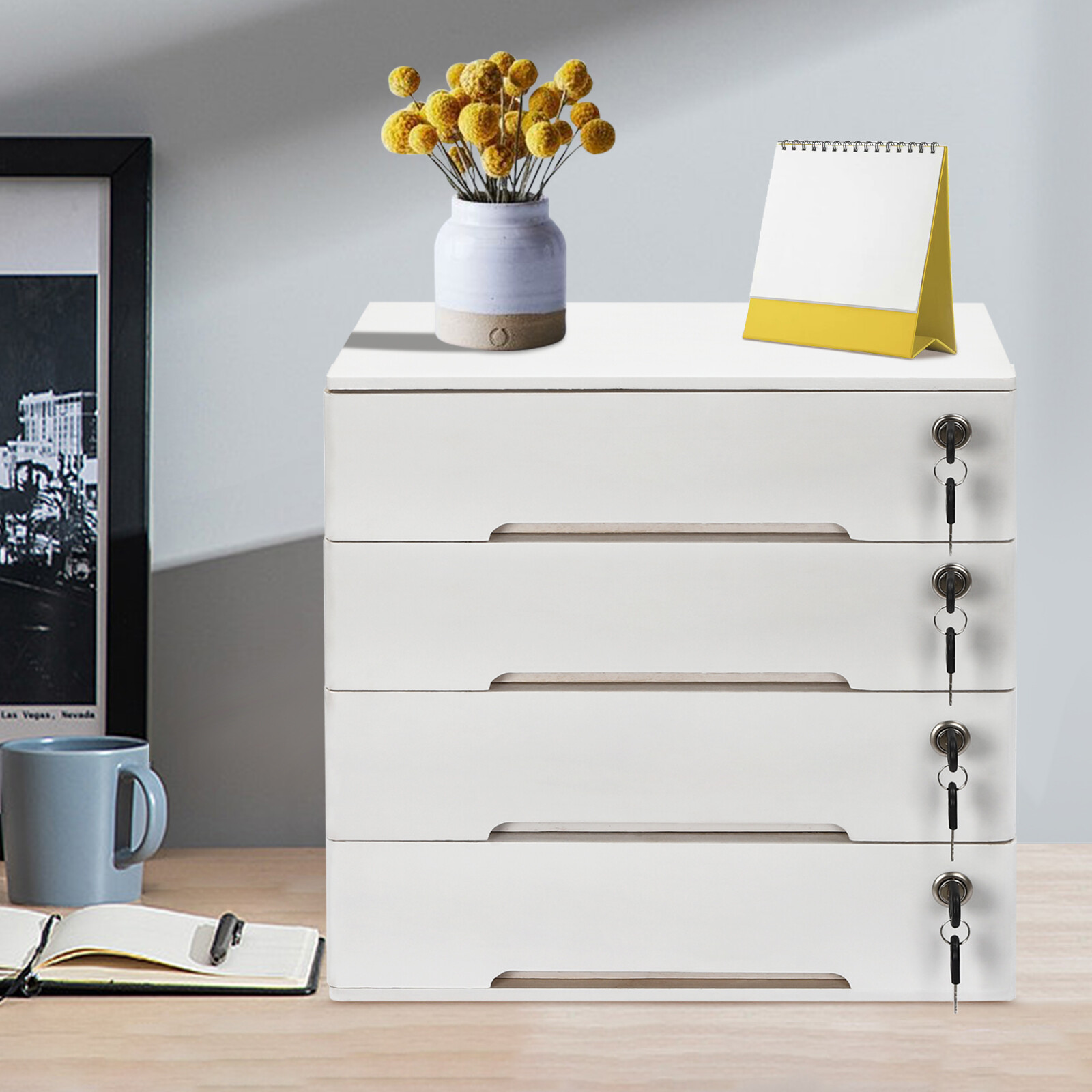 4-layer white wooden desktop storage box file cabinet with lockable drawers
