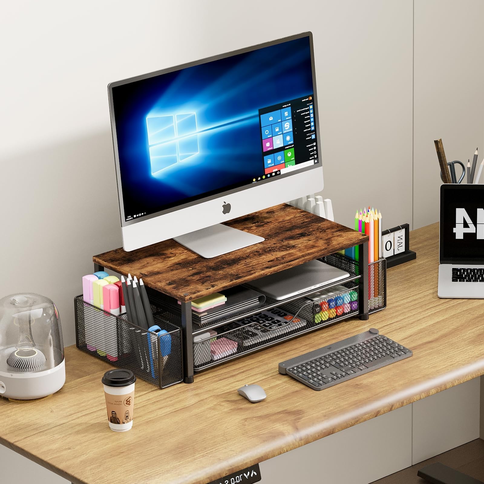 2-Tier Wood Monitor Stand Riser with Drawer & Pen Holders, Desk Organizer, Brown