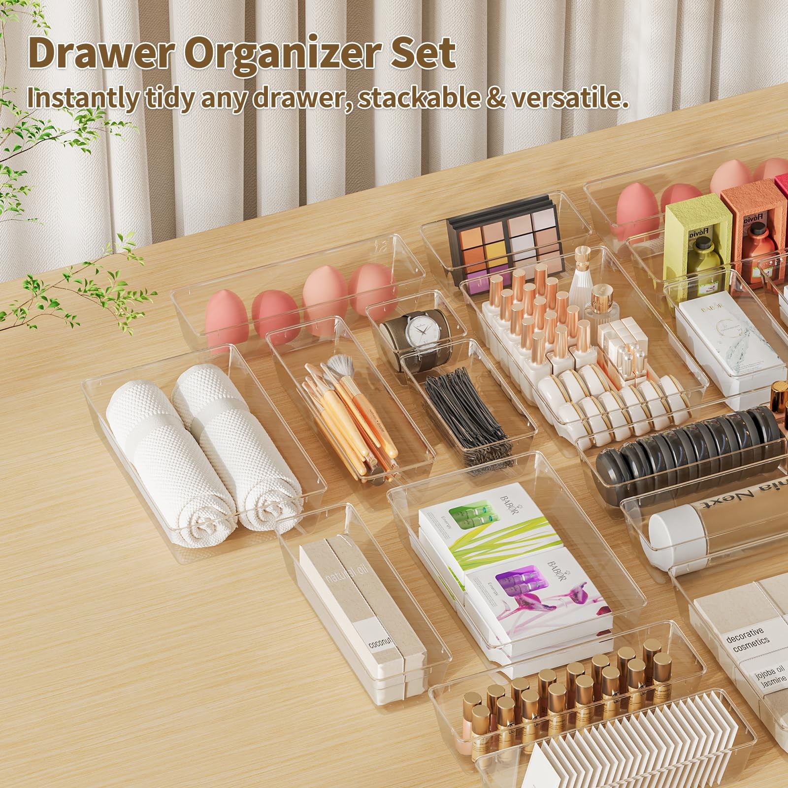 Yanosaku 25 PCS Clear Plastic Drawer Organizer Set, 4 Sizes Vanity