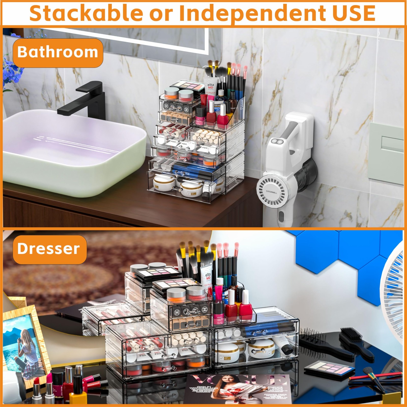 Acrylic Clear Make up Organizers And Storage for 8 Drawers-Set of 3, clear