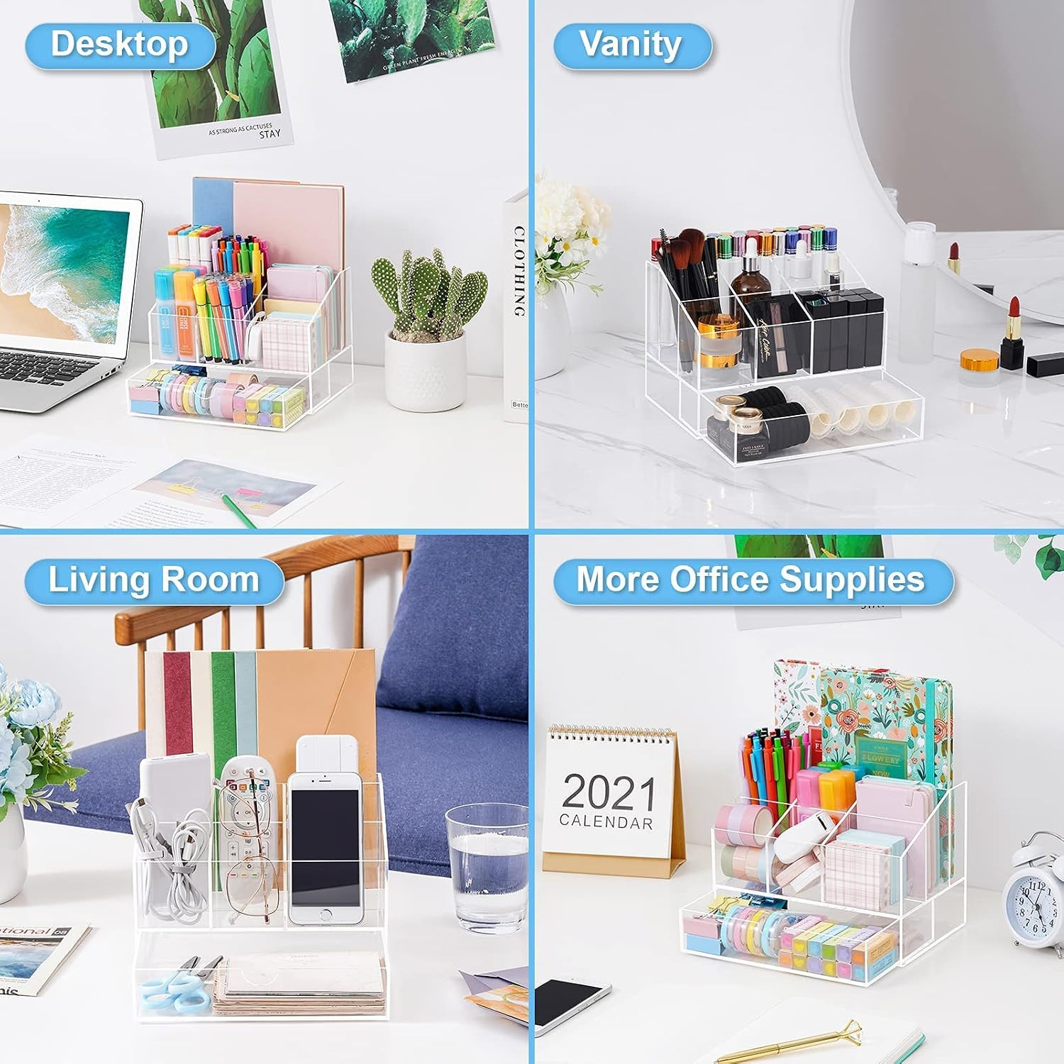 VITVITI Acrylic Desk Organizer, Upgraded Clear Pencil Organizer for Desk, 7 Comp