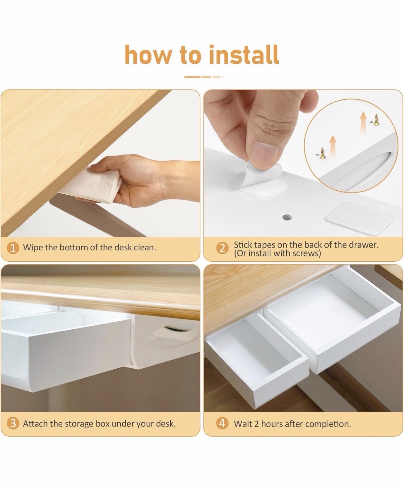 Bamboo Under Desk Drawer White 2 Pack Individually