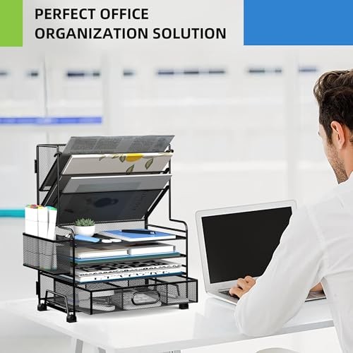 MINDEPOT 4-Tier Desk Organizer with File Holder, Drawer & Pen Holders – Black
